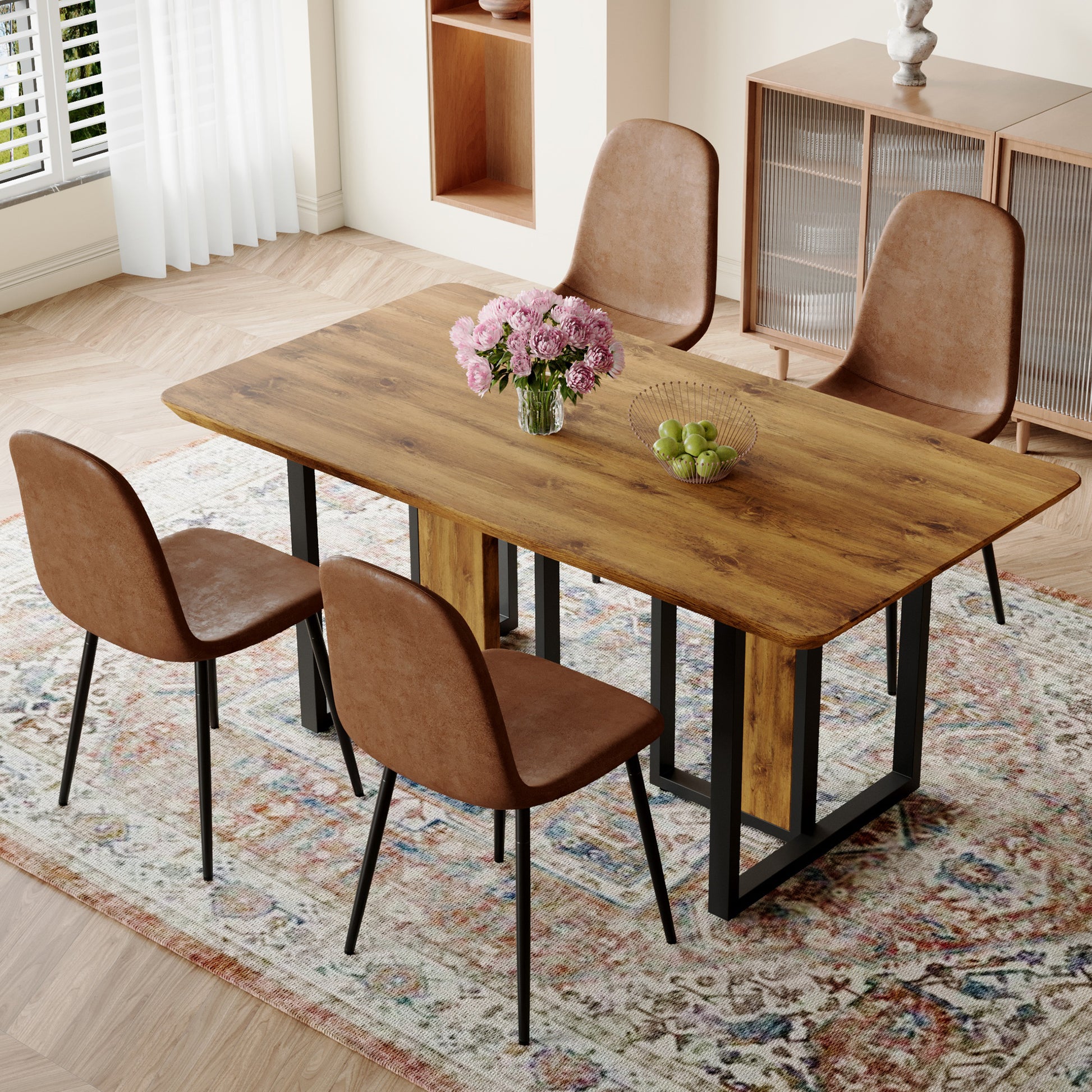 Table And Chair Set.67"X36" Wood Textured Mdf Dining Table Set With 4 Brown Suede Chairs.Mdf Sticker,Wood Colored Texture Sticker,Brown Armless Dining Chair,Suitable For Kitchen,Dining Room,Etc.