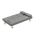 Sofa Bed With Armrest Two Holders Wood Frame, Stainless Leg, Futon Grey Pvc Grey Leather 2 Seat
