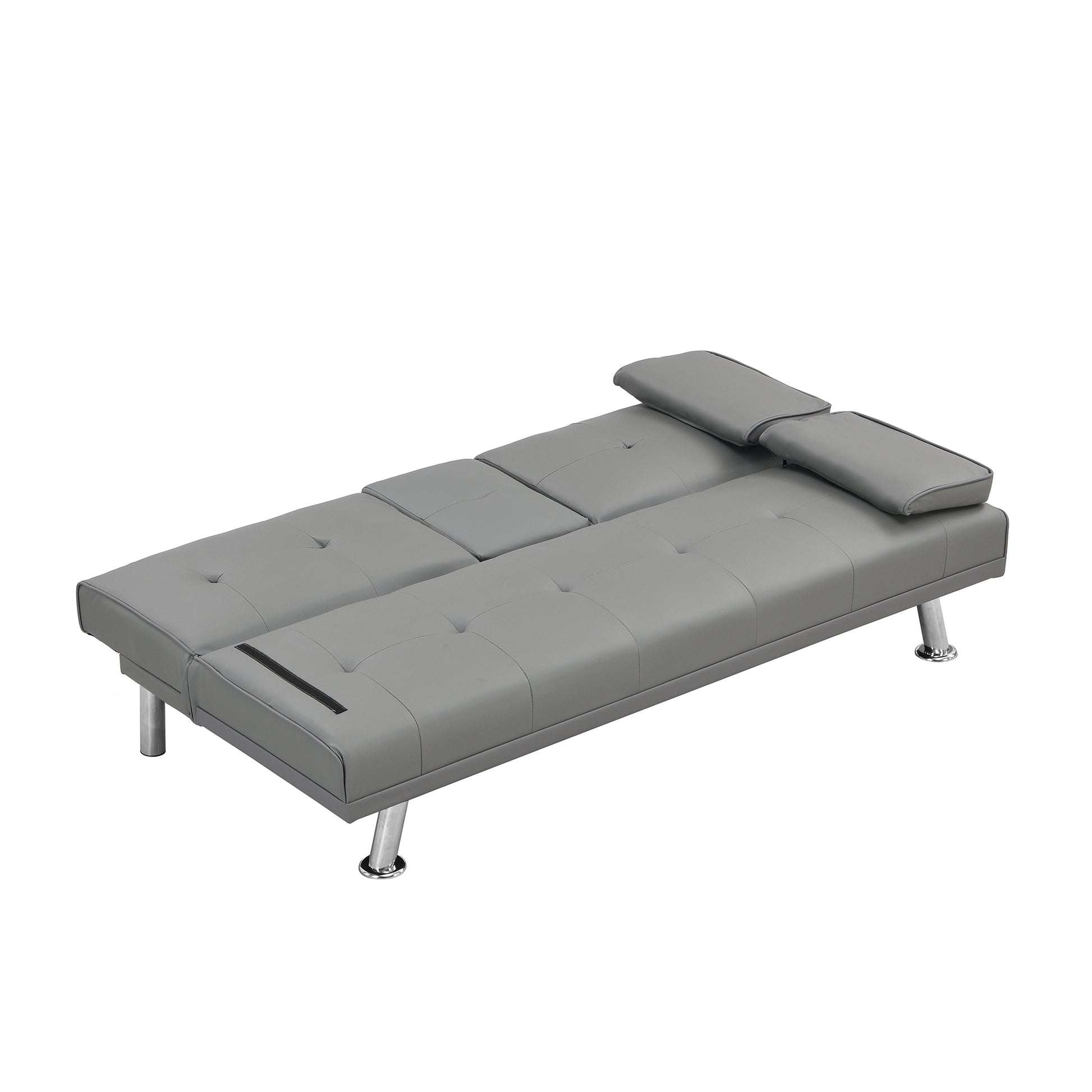 Sofa Bed With Armrest Two Holders Wood Frame, Stainless Leg, Futon Grey Pvc Grey Leather 2 Seat