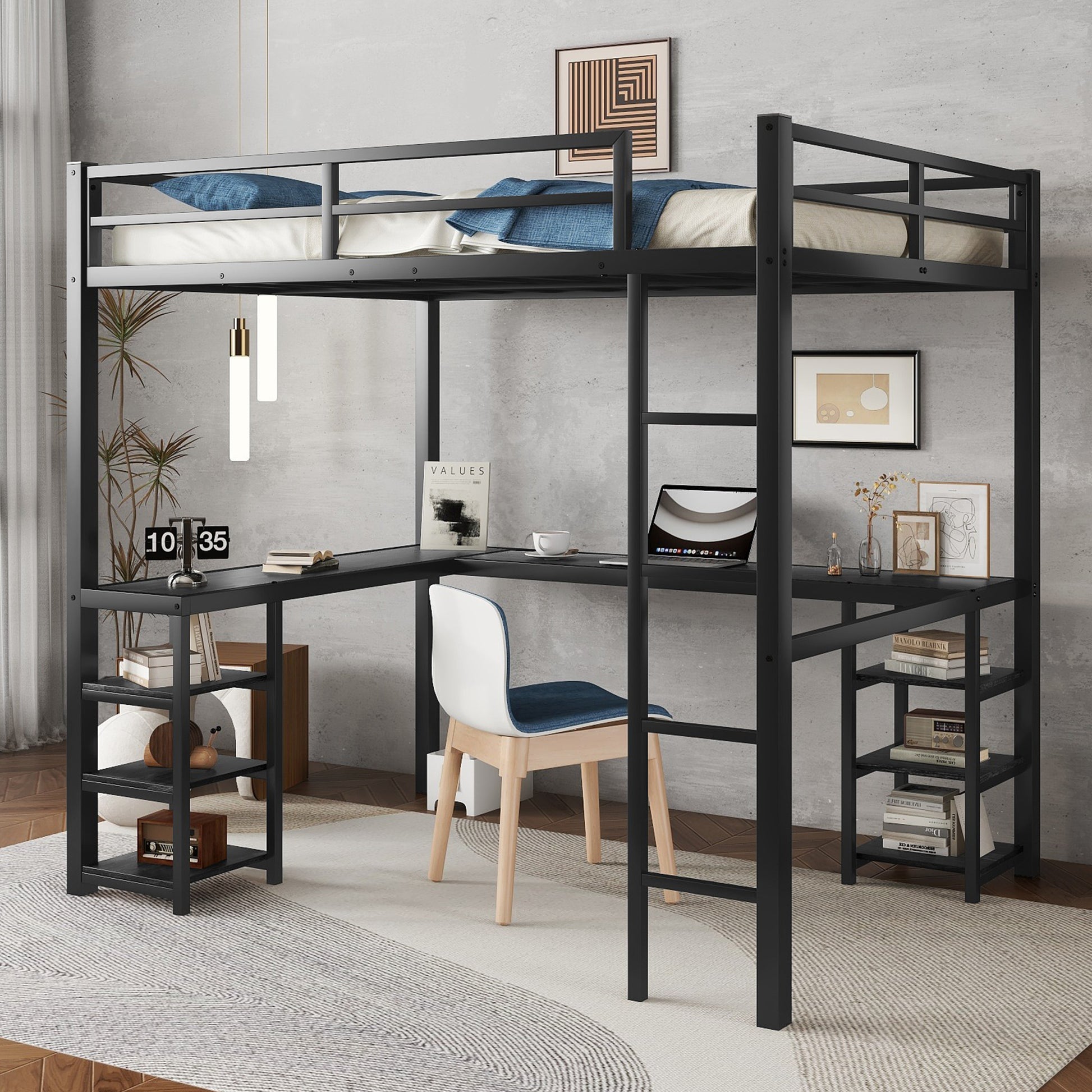 Full Metal Loft Bed With Desk And Shelves, Loft Bed With Ladder And Guardrails, Loft Bed Frame For Bedroom, Black With Black Desk Full Black Metal