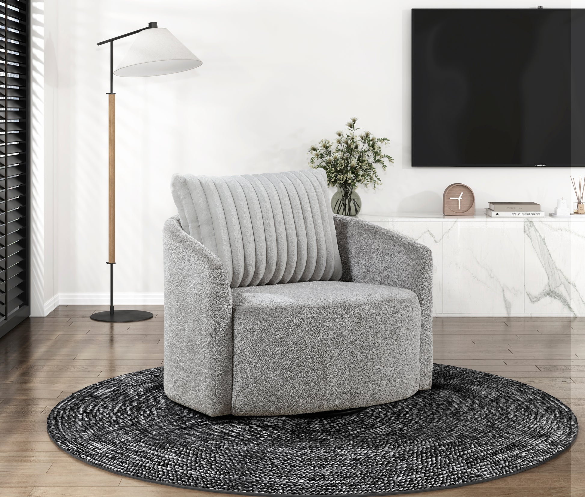 Modern Sleek Design Swivel Chair Cushion Seat Soft Gray Chenille Upholstered Plush Back Pillow Living Room Furniture 1Pc Gray Primary Living Space Modern Plywood,Solid Wood
