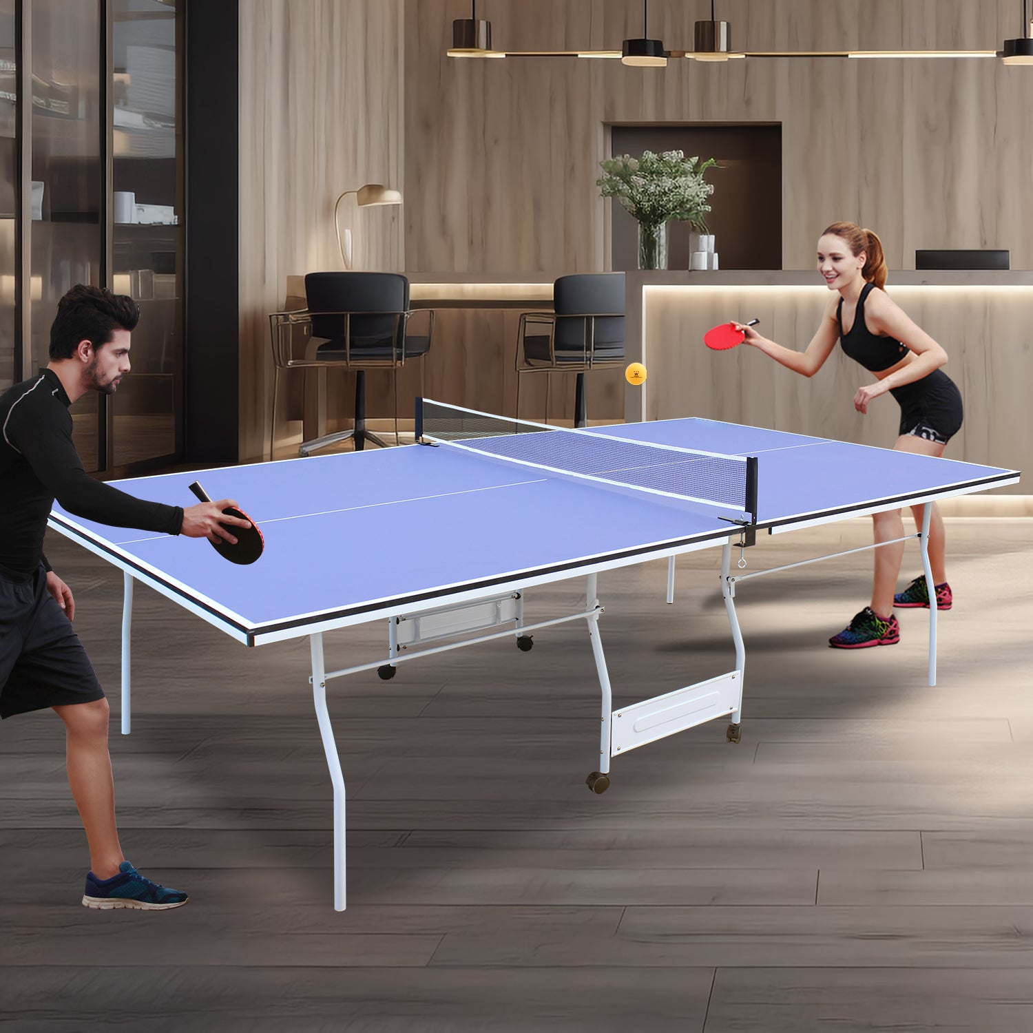 9Ft Mid Size Table Tennis Table Foldable & Portable Ping Pong Table Set For Indoor Games With Net, 2 Table Tennis Paddles And 3 Balls Blue Mdf