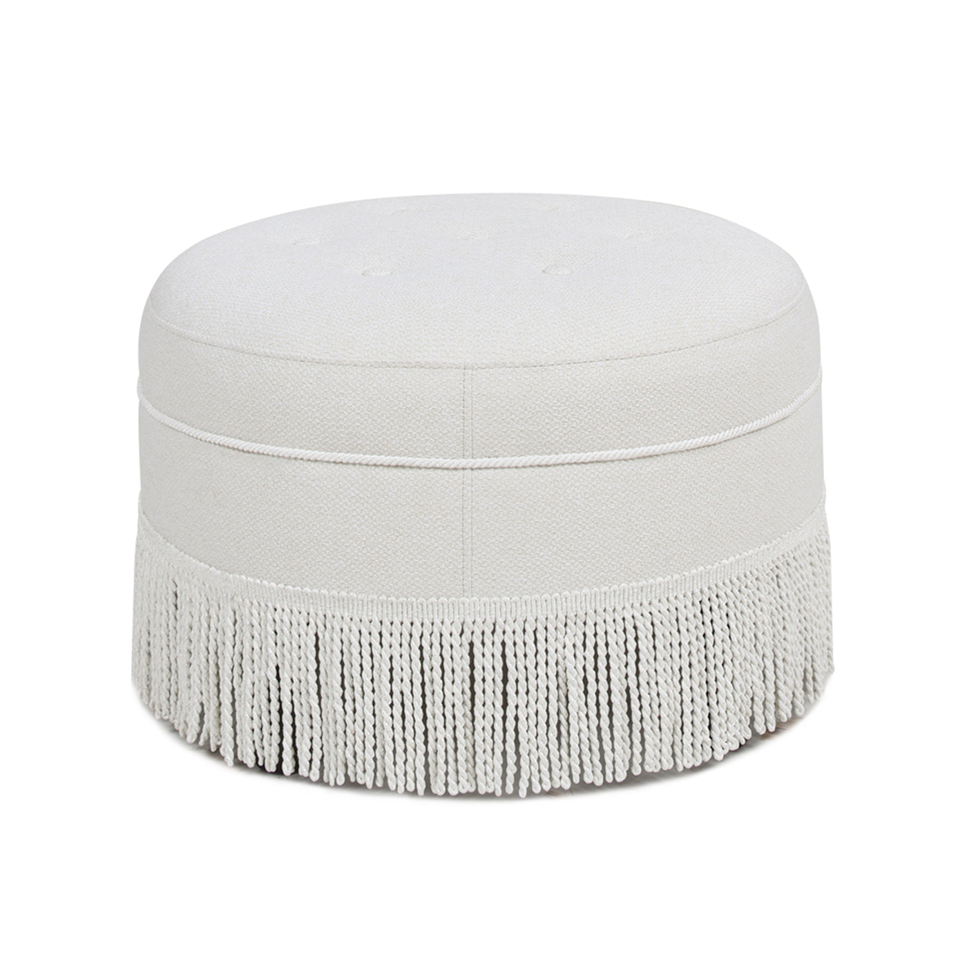 Yolanda 24" Round Upholstered Accent Ottoman, Alabaster Off White Tweed White Foam Fabric