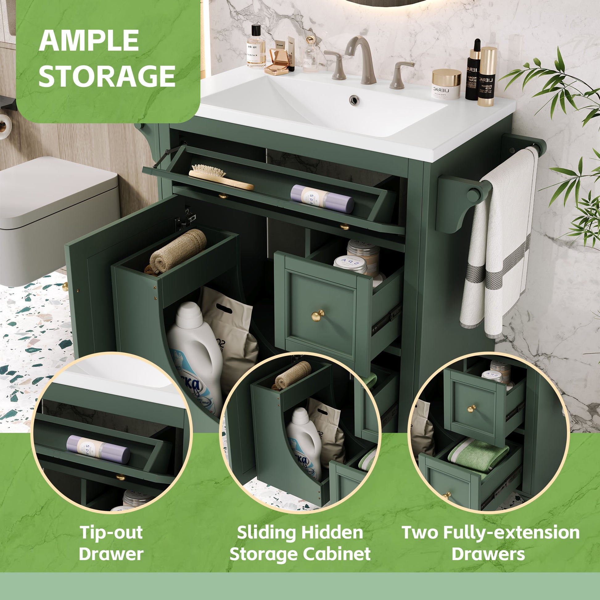 30'' Bathroom Vanity With Top Sink, Modern Bathroom Storage Cabinet With 2 Drawers And A Tip Out Drawer, Single Sink Bathroom Vanity Same As N710S130001F Green Bathroom Modern Solid Wood Mdf Resin