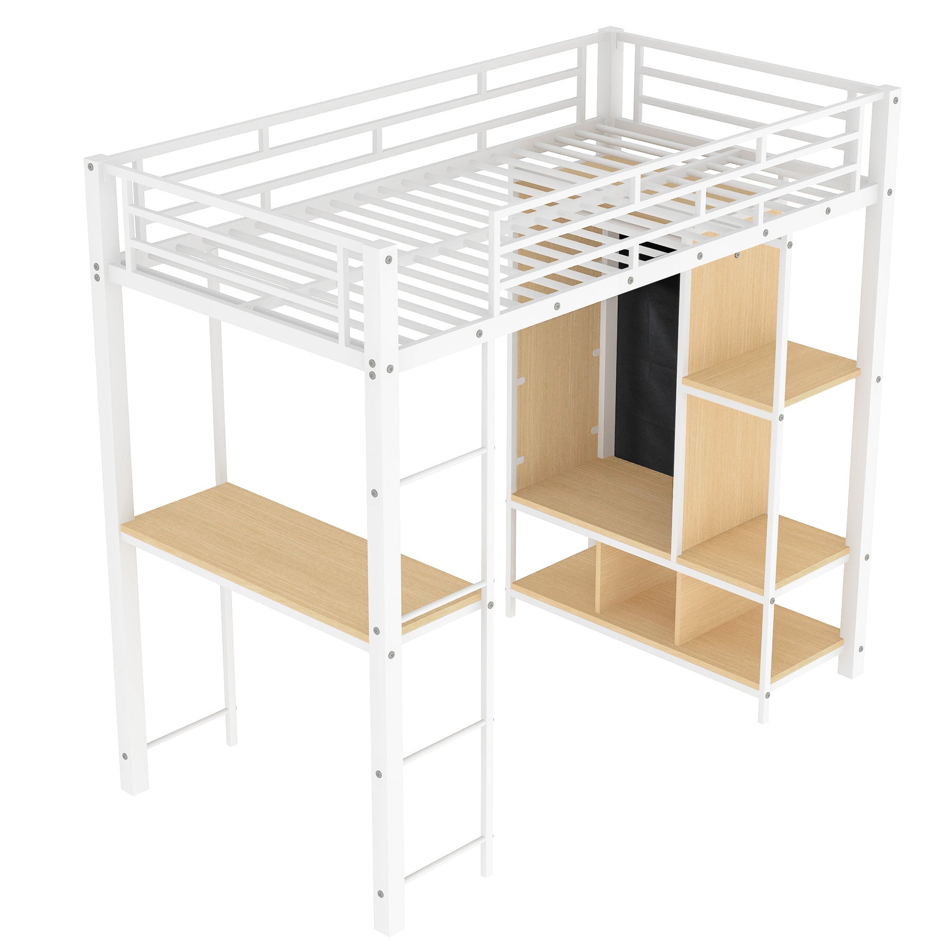 Twin Size Metal Loft Bed With Built In Wardrobe, Desk And Shelves, Black Expected Arrival Time: 9.3 Box Spring Not Required Twin White Metal Mdf Metal
