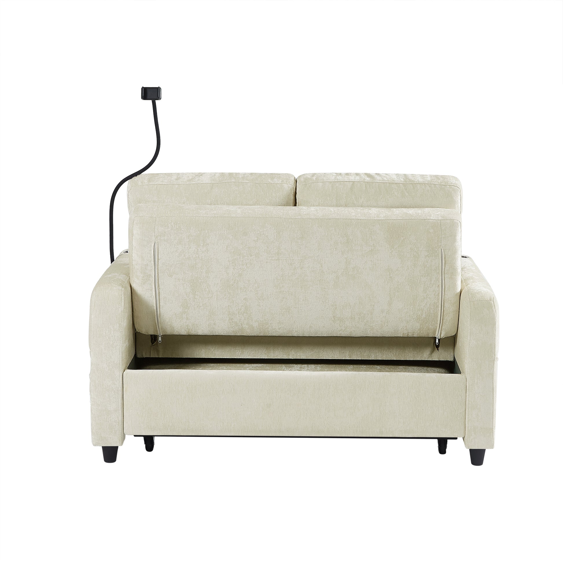 53.9" Modern Loveseat Pull Out Sofa Bed With Adjustable Backrest, Two Cup Holdersa Phone Holder, Three Charging Ports And Side Storage Pockets For Living Room, Beige Beige Foam Chenille