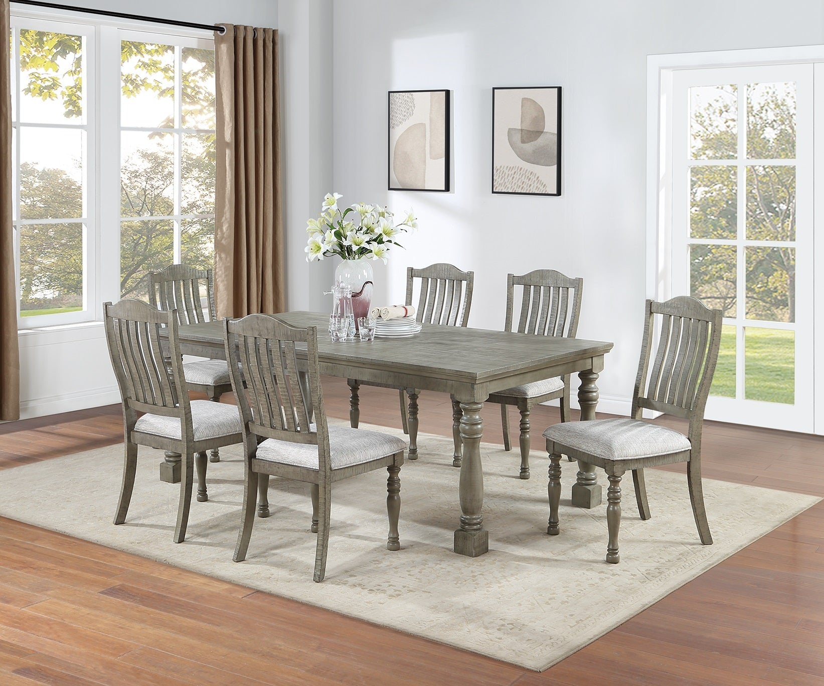 Dining Table 6X Side Chairs 7Pcs Dining Set Light Grey Finish Dining Room Furniture Plush Upholstered Fabric Seat Contemporary Style Wood Light Grey Seats 6 Wood Dining Room Contemporary,Modern,Transitional Rubberwood Rectangular 4 Leg Rectangular Dining