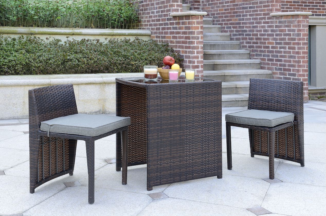 Cape Town 3 Piece Pe Wicker Bistro Steel Cushions Outdoor Dining Set, Mahogany Brown, Grey Brown Grey Pe Rattan Iron