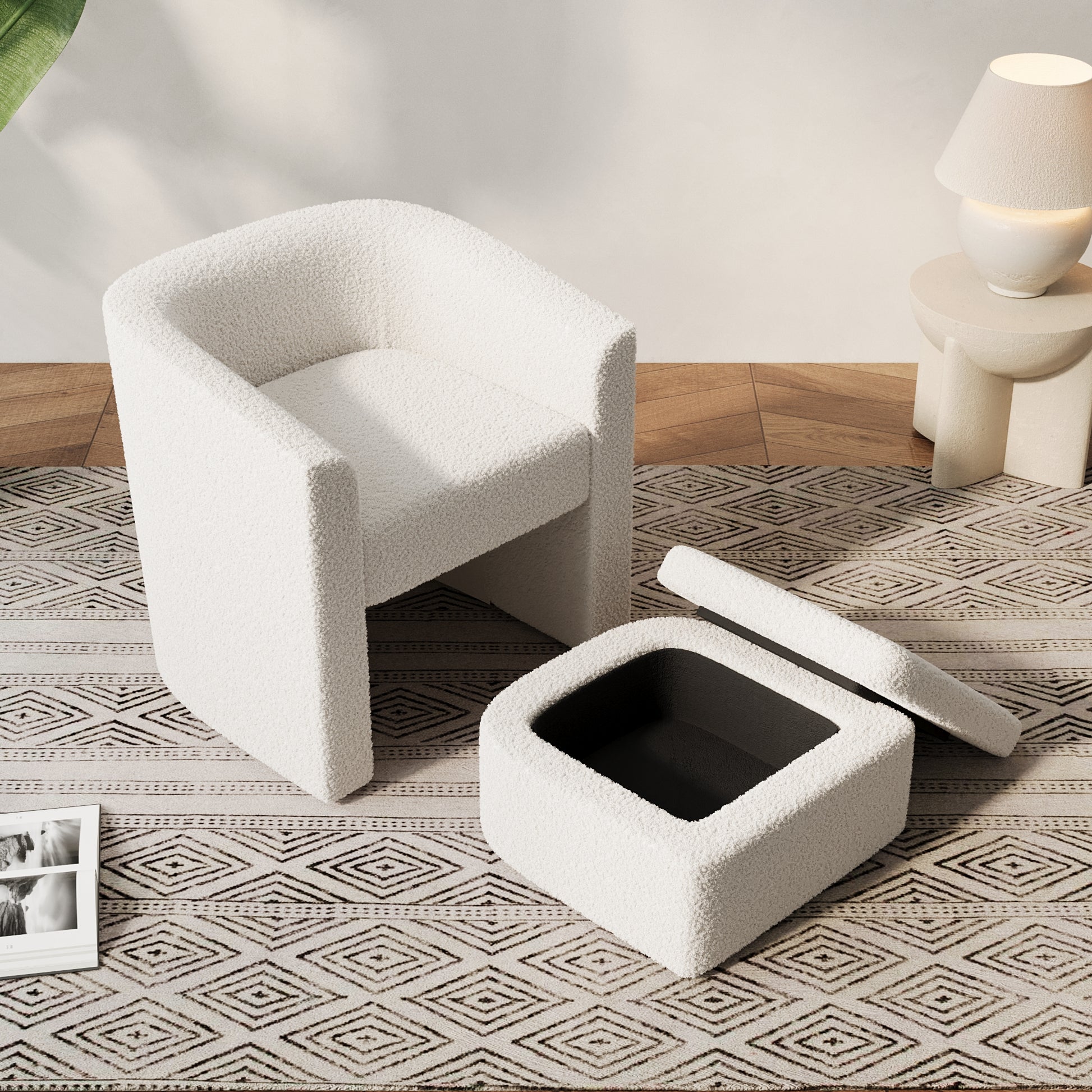 Accent Chair White Sofa Chair One Set, Modern Living Room Side Chair, Single Sofa Chair, Footstool With Storage, Suitable For Bedroom Office Reading Space, Study Cream White Cream White Foam Velvet