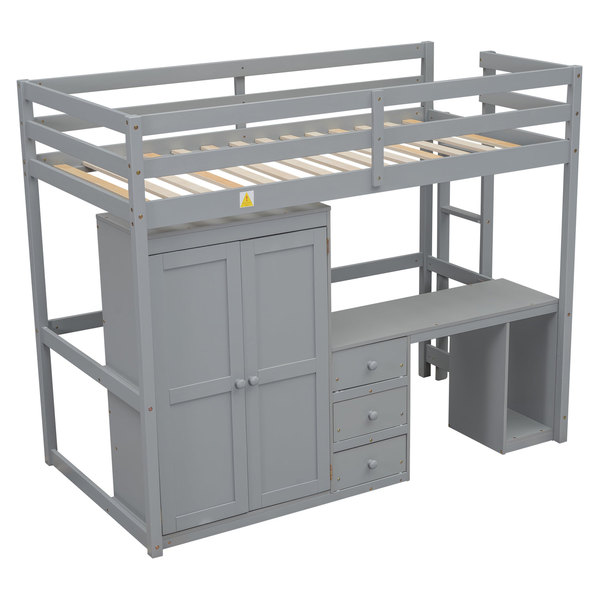 Twin Size Loft Bed With Wardrobe, Desk And Storage Drawers, Gray Twin Gray Pine