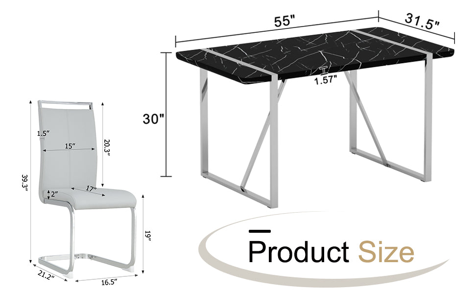 Table And Chair Set.A Rustic Industrial Rectangular Mdf Black Dining Table With Mdf Desktop And Electroplated Silver Metal Legs.Paried With 4 Chairs With Pu Cushion And Metal Legs. Black,Light Gray,Silver Seats 4 Mdf Metal