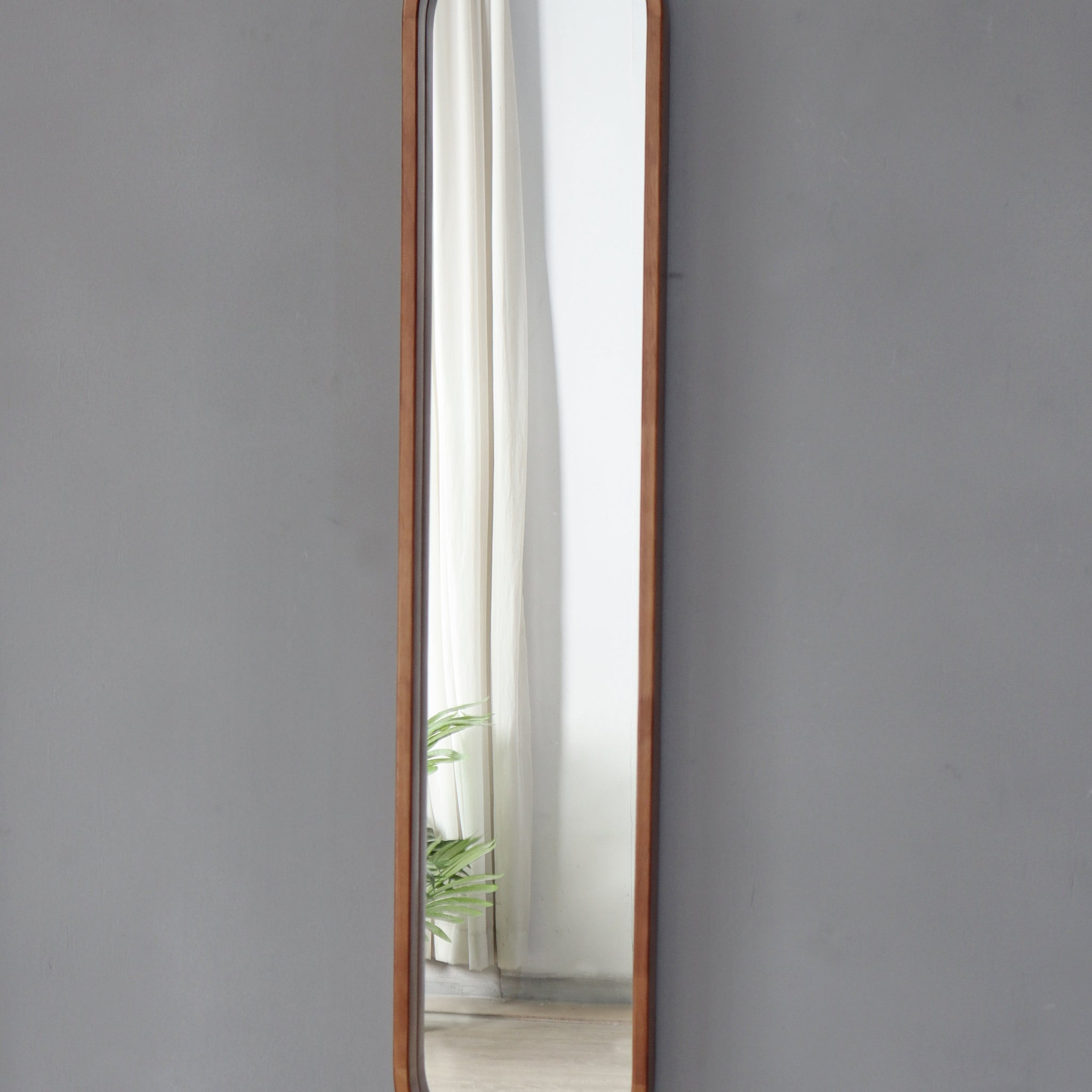 9.5X2X47.2" Decorative Rubber Frame Mirror With Elongated Oval Frame, Brown Brown Wood