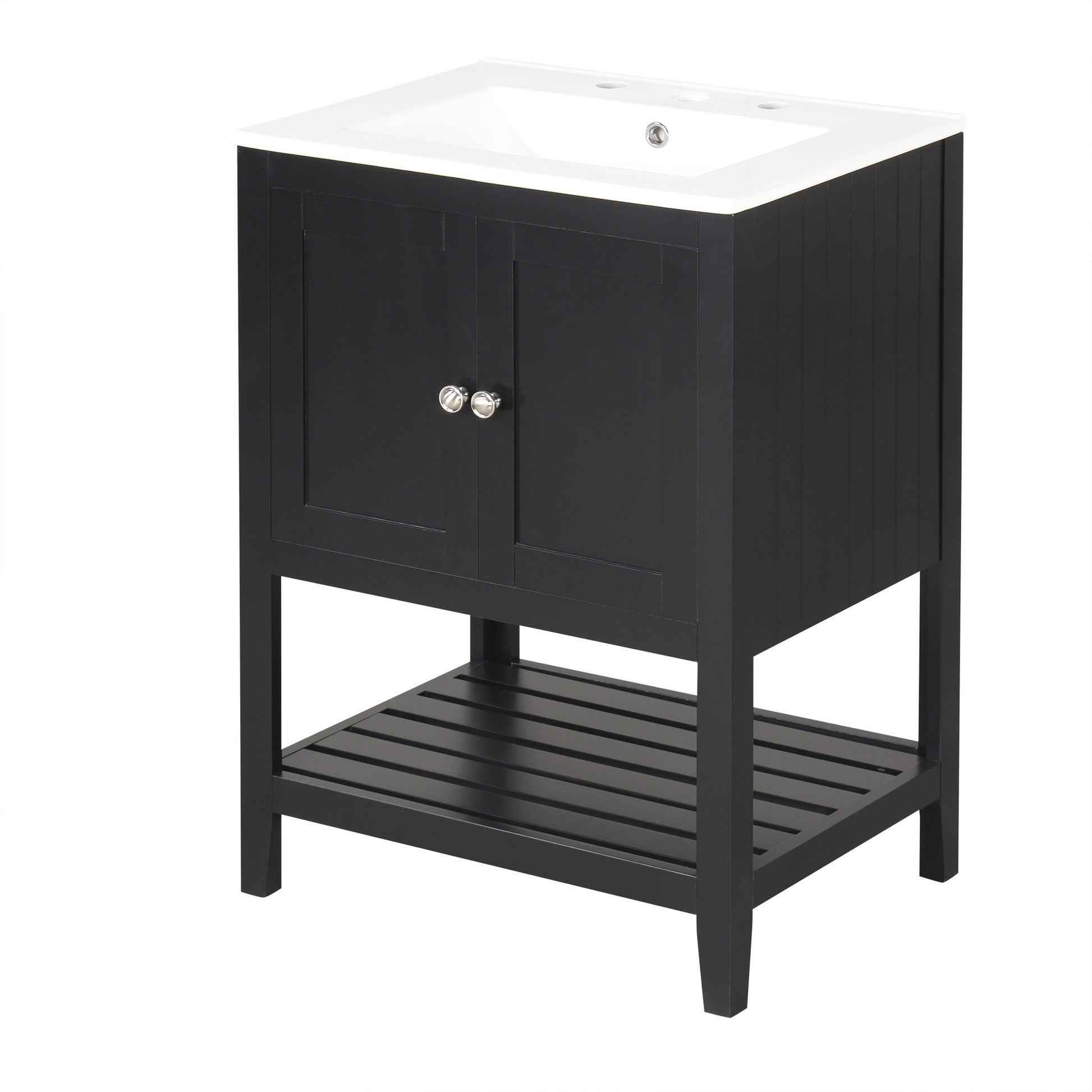 Video 24" Black Modern Sleek Bathroom Vanity Elegant Ceramic Sink With Solid Wood Frame Open Style Shelf Black Solid Wood Mdf