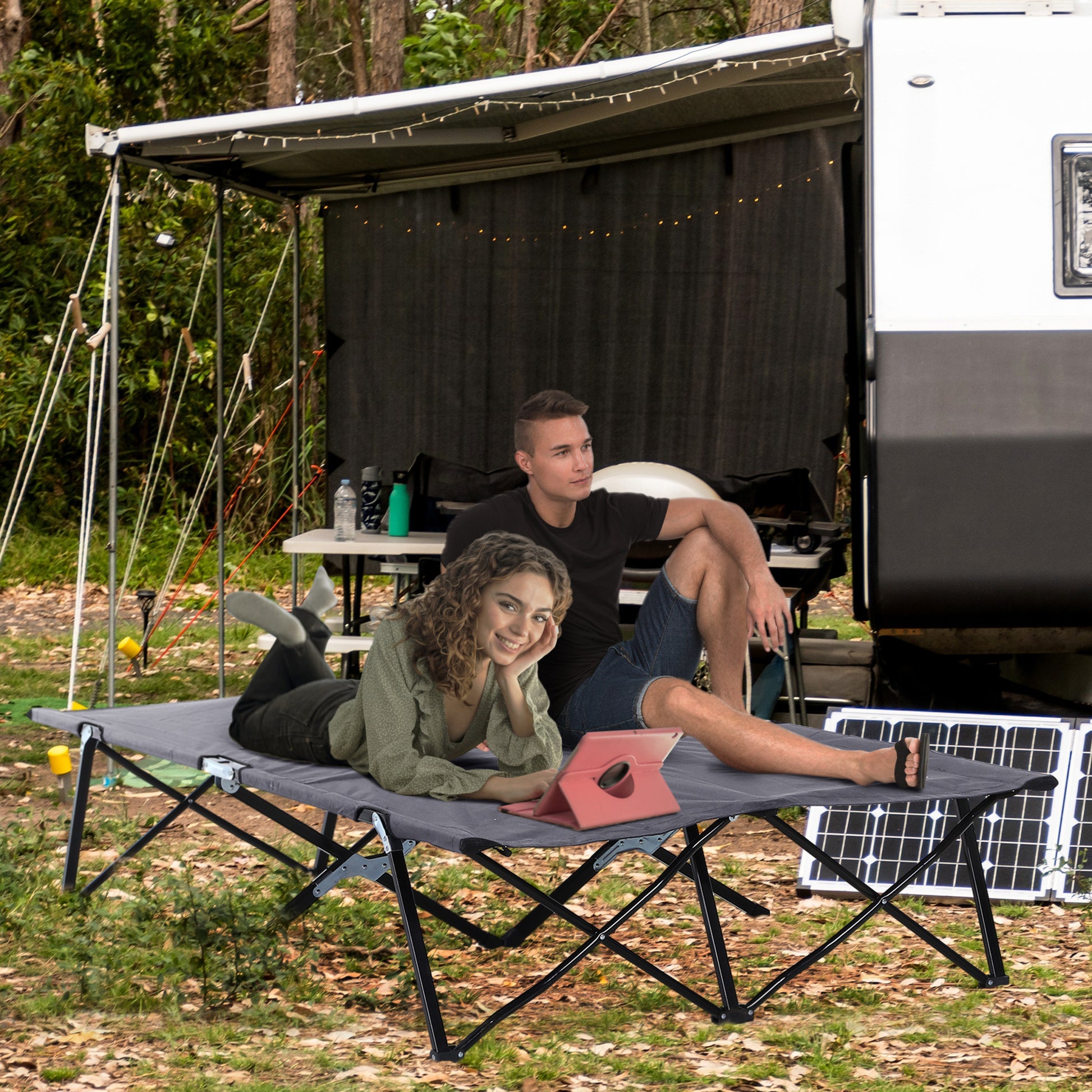 Outsunny 2 Person Folding Camping Cot For Adults, 50" Extra Wide Outdoor Portable Sleeping Cot With Carry Bag, Elevated Camping Bed, Beach Hiking, Grey Grey Steel