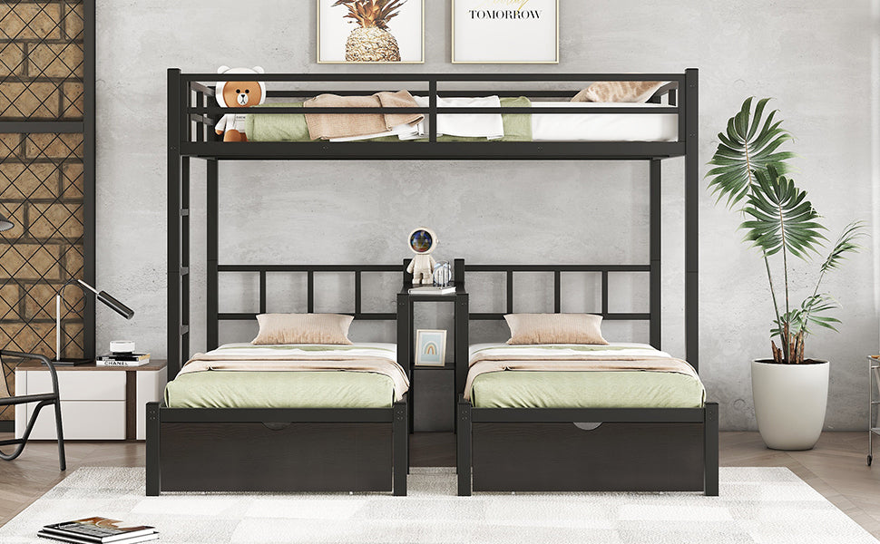 Full Xl Over Twin & Twin Triple Bunk Bed With Drawers, Multi Functional Metal Frame Bed With Desks And Shelves In The Middle, Black Full Xl Black Metal