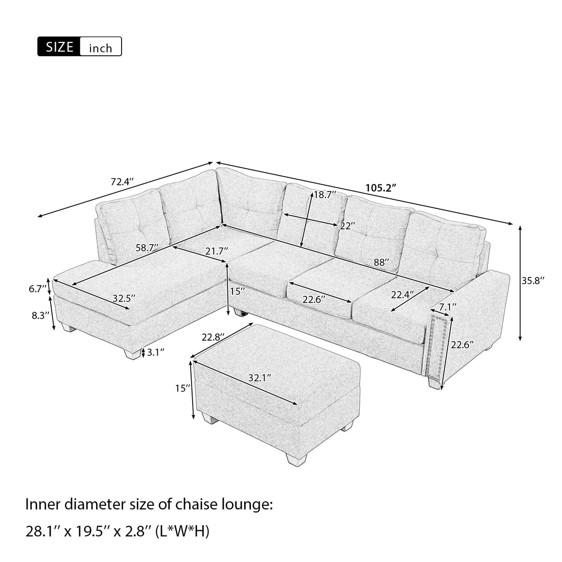 Orisfur. Reversible Sectional Sofa Space Saving With Storage Ottoman Rivet Ornament L Shape Couch For Large Space Dorm Apartment Light Grey Foam Linen 5 Seat