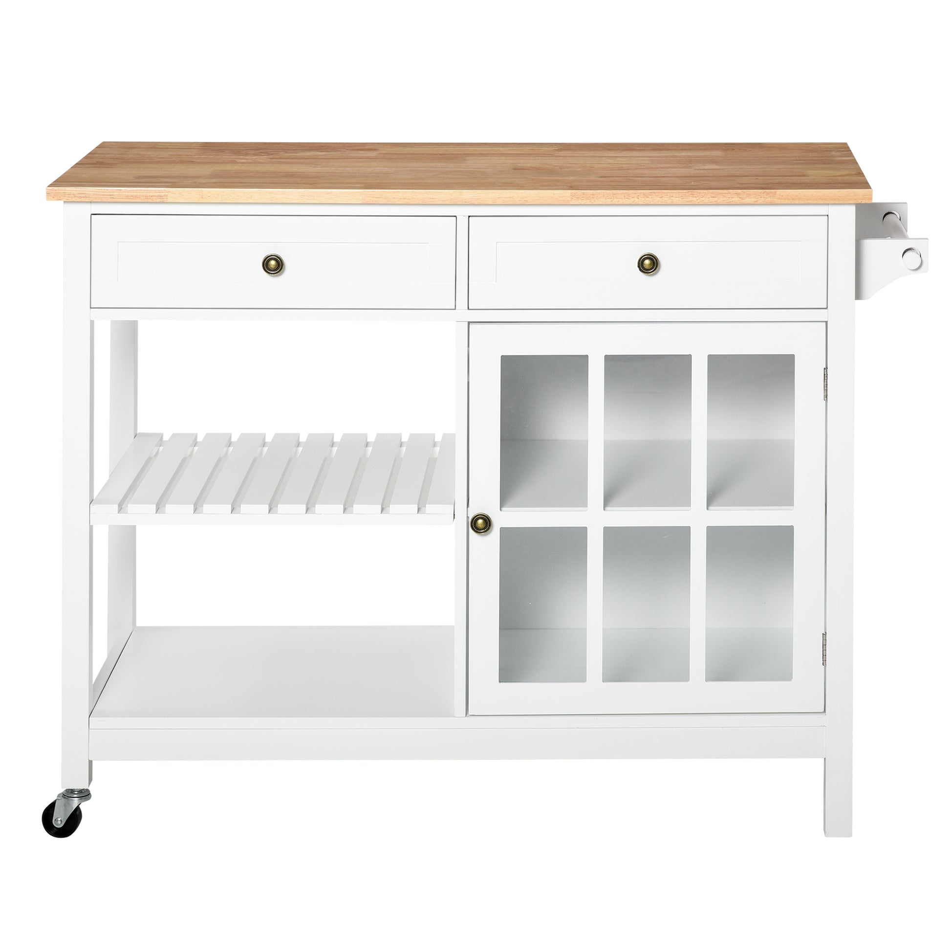 Homcom Rolling Kitchen Island With Storage, Kitchen Cart With Solid Wood Top, Glass Door Cabinet, Adjustable Shelf, Towel Rack, 2 Drawers For Dining Room, White White Mdf