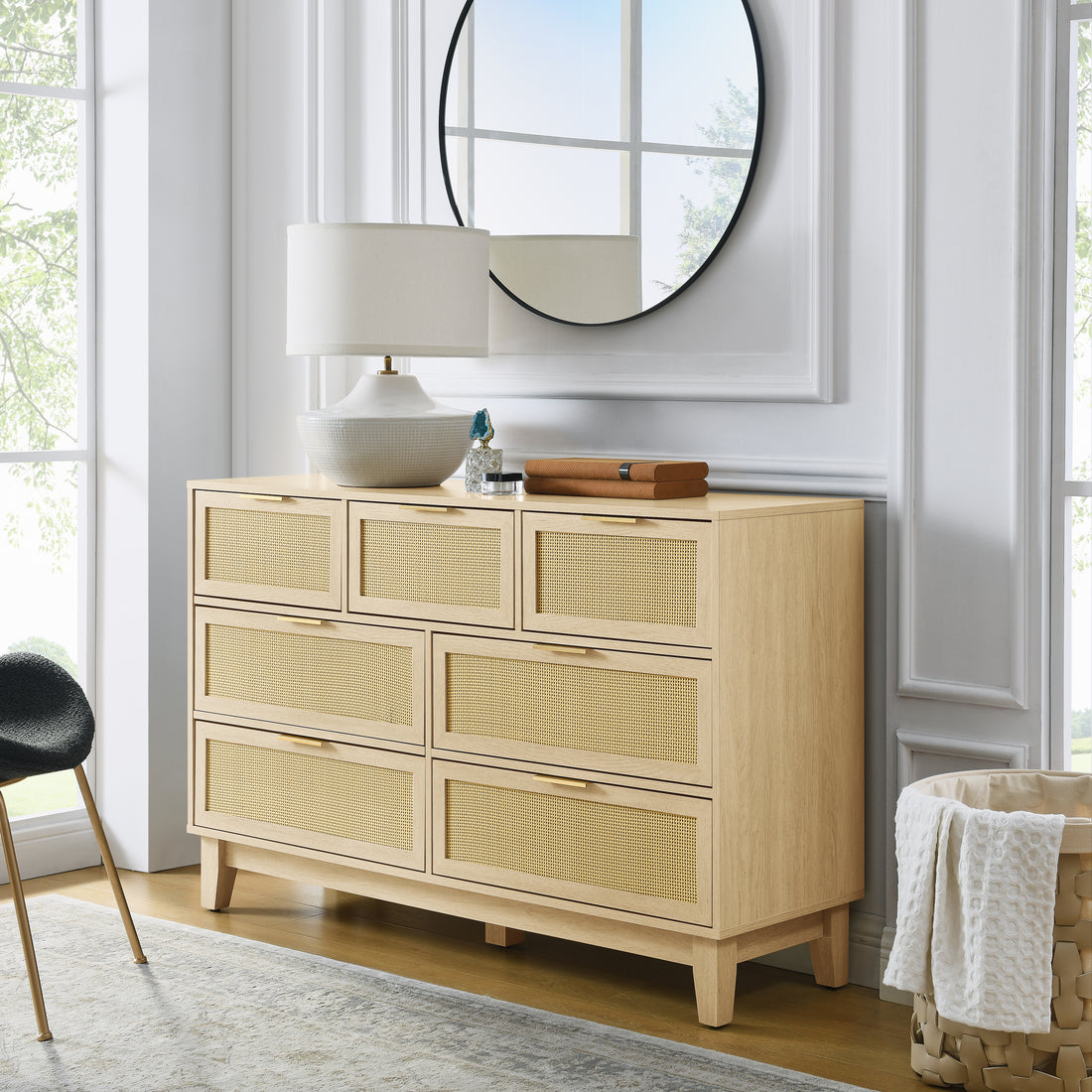 Bedroom 7 Drawer Dresser, Rattan Dresser Modern Wooden Chest Of Drawers With Spacious Storage Space For Bedroom Hallway Living Room Natural Wood Solid Wood Mdf