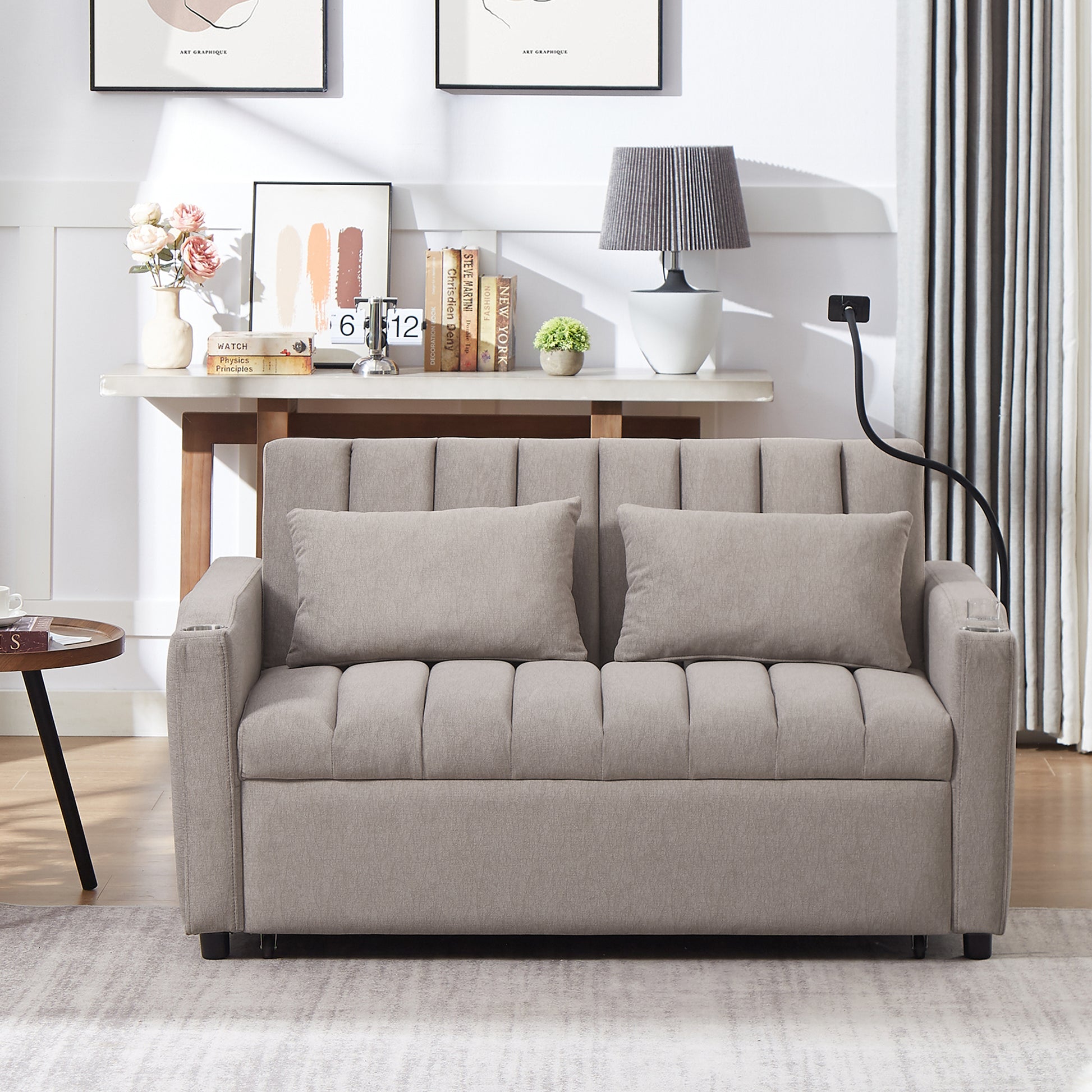 55.9" Convertible Sofa Bed Loveseat Sofa With Three Usb Ports, Two Side Pockets, Two Cup Holders And 360 Swivel Phone Holder For Living Room, Light Grey Light Grey Foam Polyester 2 Seat