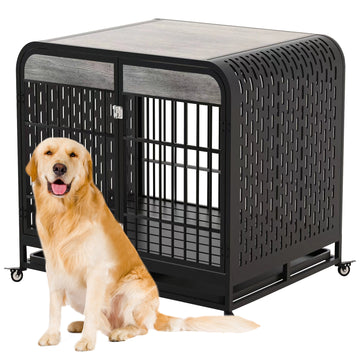 Heavy Duty Dog Crate Furniture Wooden Table Pet Dog Cage Kennel House Indoor Side End Table Decor With Removable Trays And Lockable Wheels For Medium And Large Dogs 40" Grey Grey Outdoor Kennel Medium 26 40 Lbs Mdf Steel