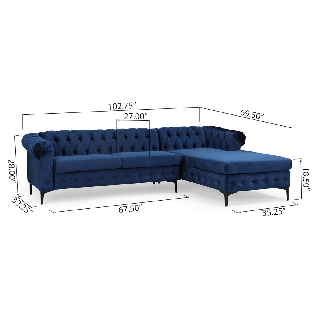 Reversible 4 Seater Modular Sectional Sofa Set, Convertible Corner Oversized L Shaped Sofa Couch, Velvet Sleeper Couch With Rolled Arm For Living Room, Navy Blue Navy Blue Wood Primary Living Space Medium Soft Loose Back Medium Duty