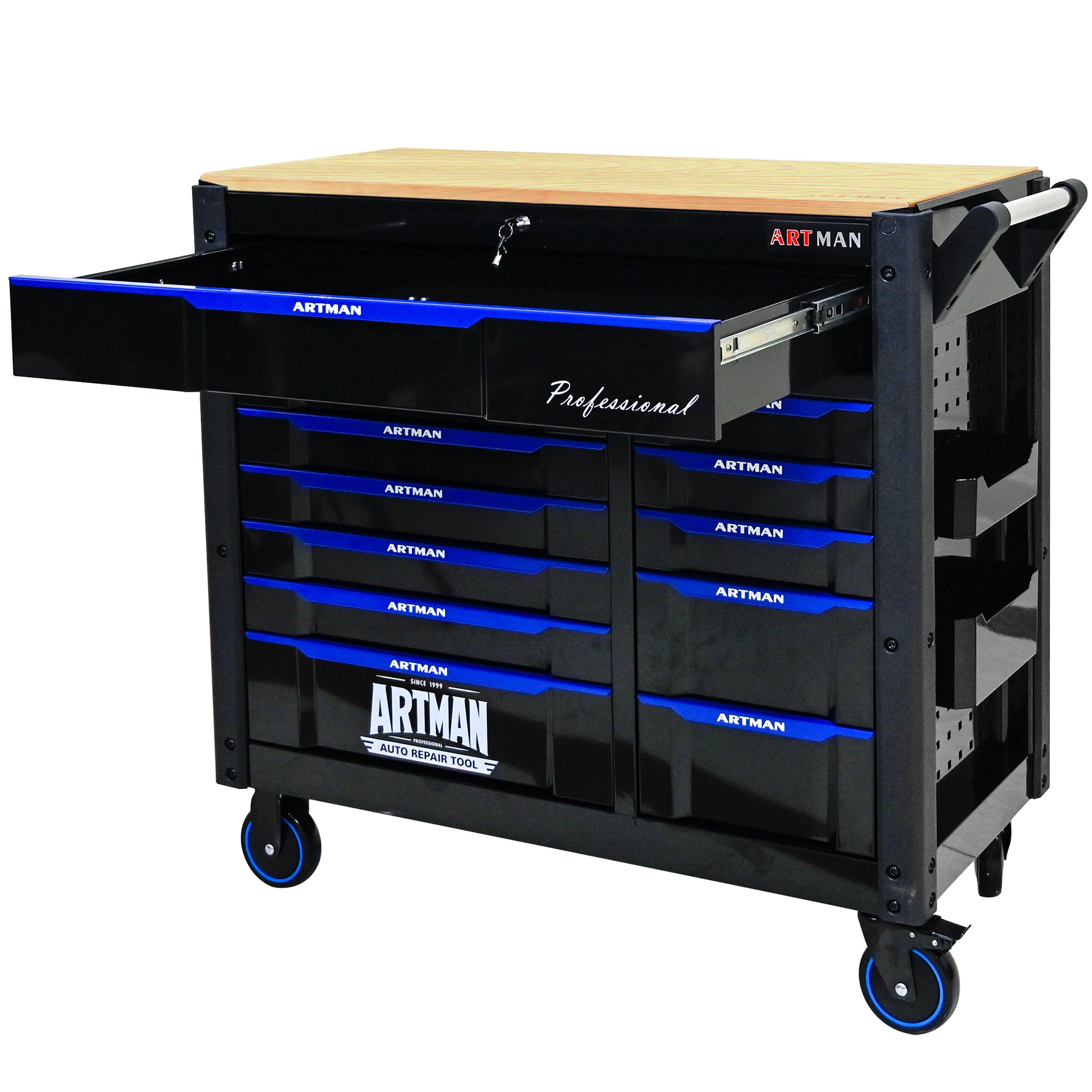 12 Layer Drawer Multi Purpose Tool Car, With Wheels, Wooden Countertops Black Blue Steel