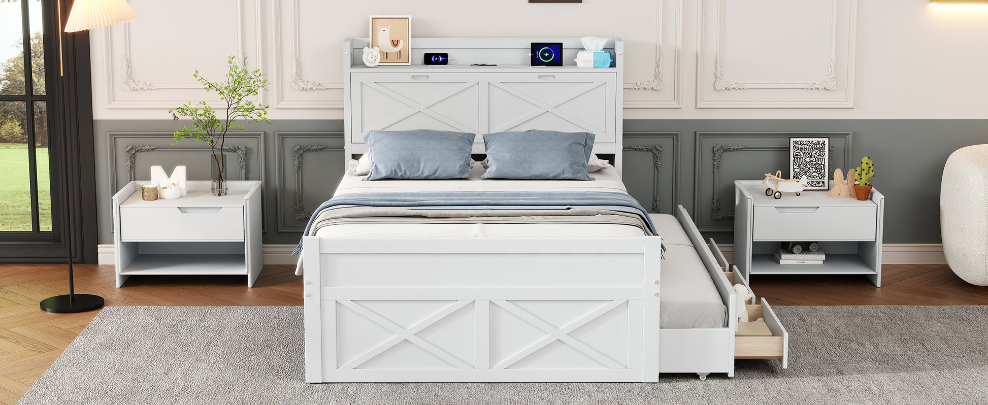 Full Size Wooden Bed With Storage Headboard With Outlets, Extendable Bed With Twin Size Trundle With Three Storage Drawers,White Expected Arrival Time:8.23 Full White Wood