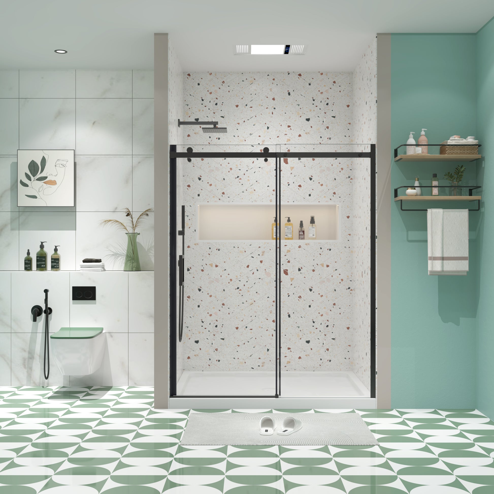 Glass Shower Door, Sliding Door, With 5 16" Tempered Glass And Matted Black Finish Matte Black Bathroom Aluminium Alloy