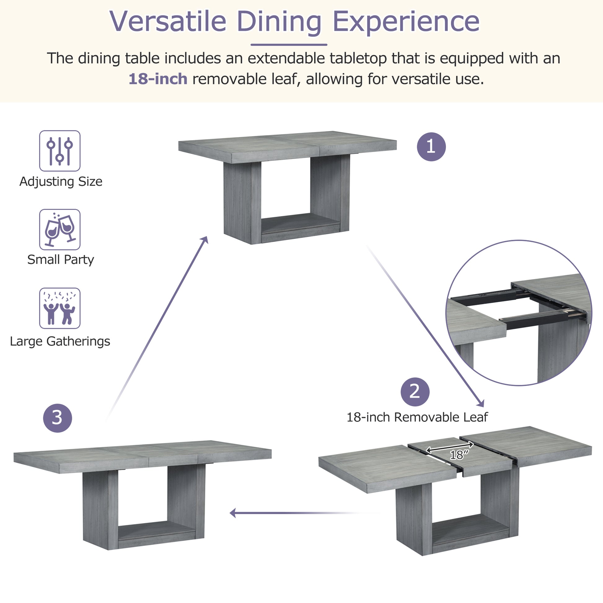 Contemporary 6 Piece 78Inch Extendable Pedestal Dining Table Set With 18Inch Removable Leaf And Dining Bench, 4 Upholstered Dining Chairs, Gray Gray Wood Dining Room Solid Wood Rubberwood Rectangular Dining Table With Chair And Bench Upholstered Chair