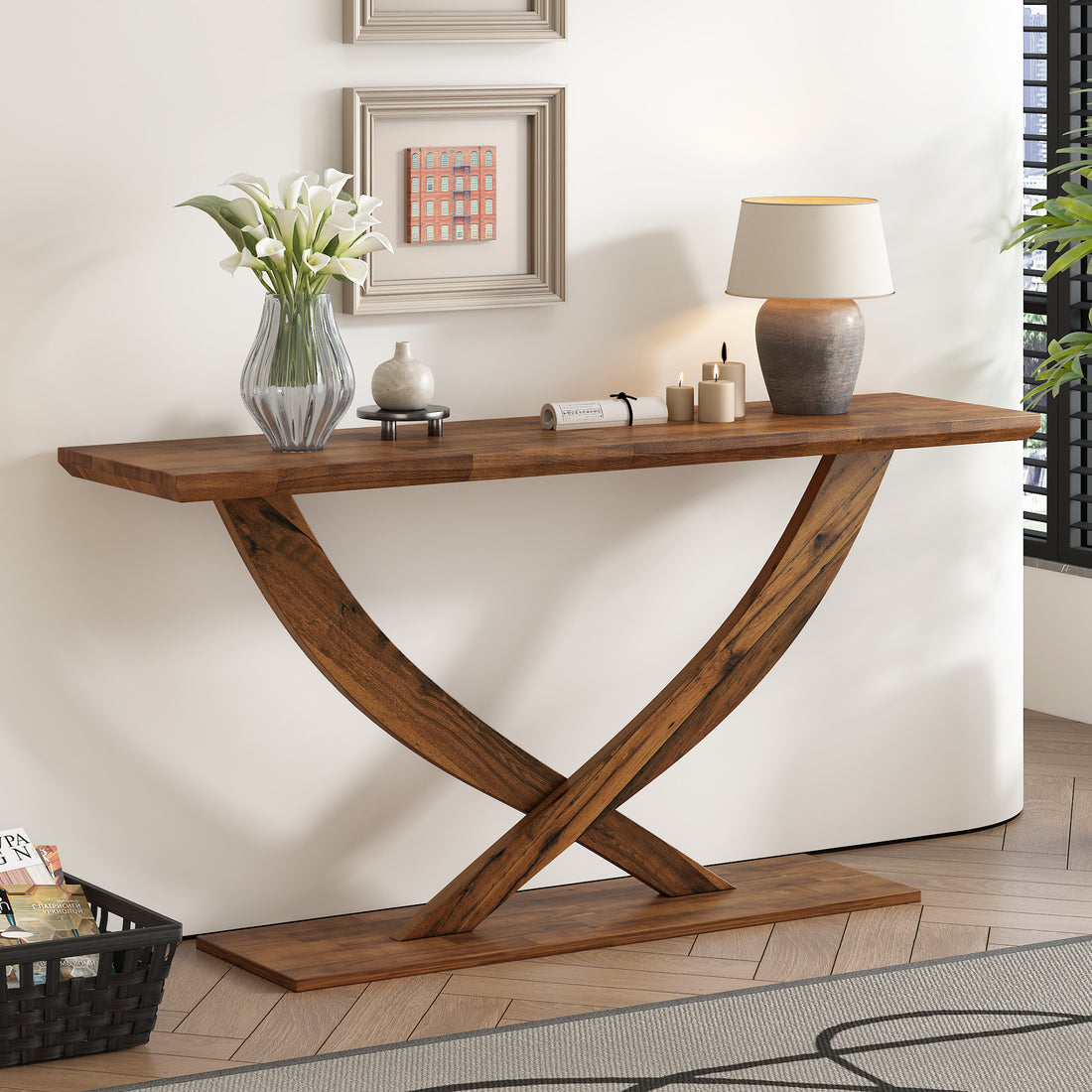 Mirod 57'' Modern Rustic Console Table With Cross Leg Design,Sturdy Construction And Large Surface Space,Perfect For Living Room Or Bedroom Brown Mdf Acacia