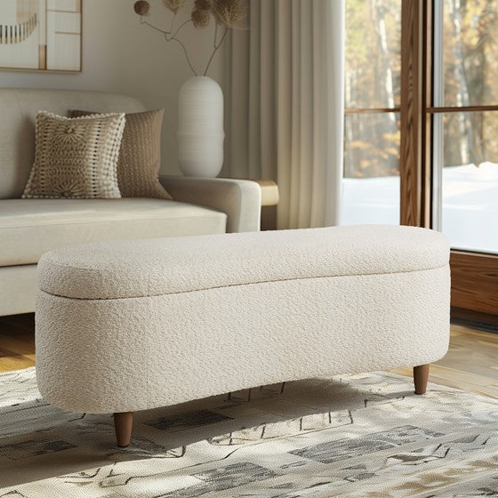 Boucle Flip Top Storage Bench Cream See Below Cream Wood