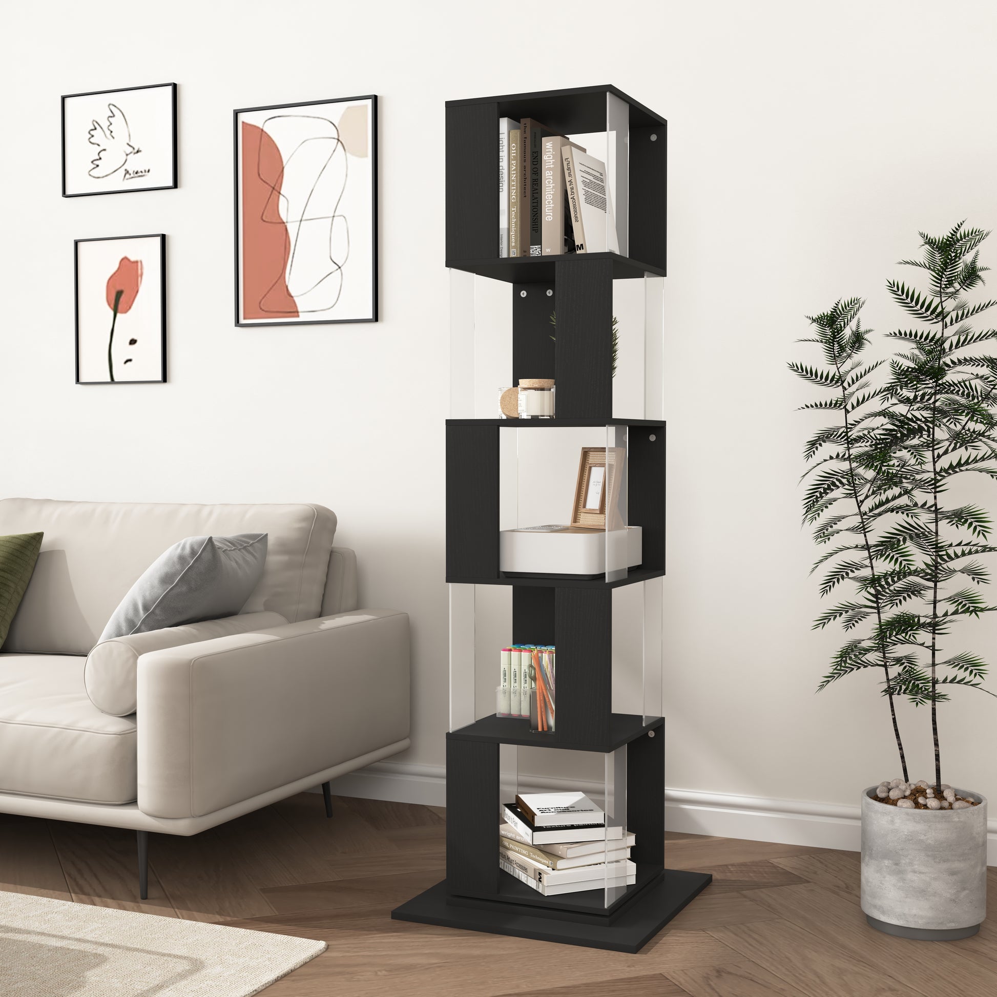 5 Tier Rotating Bookshelf, Floor Rack Simple Bookcase With Acrylic Plate Student Multi Function Creative Bookshelf For Living Room With Anti Toppling Base Black Particle Board