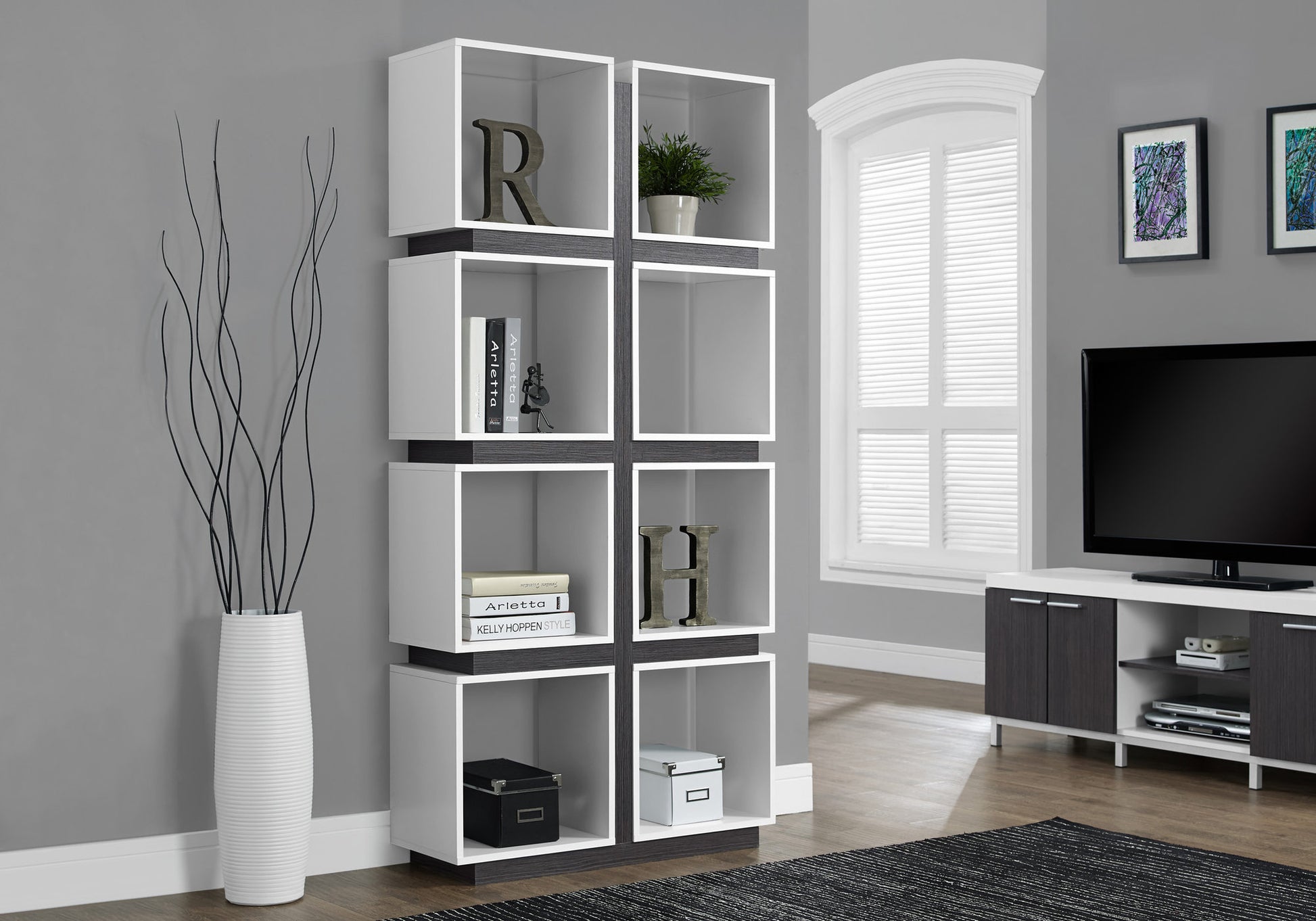 Bookshelf, Bookcase, Etagere, 5 Tier, 71"H, Office, Bedroom, Grey And White Laminate, Contemporary, Modern White Particle Board