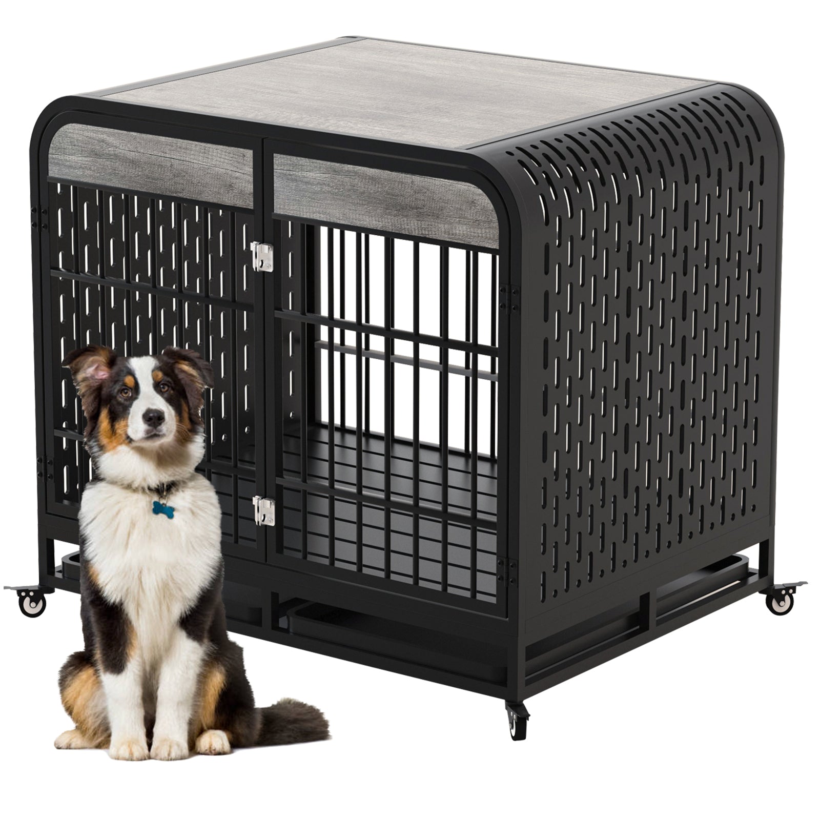 Heavy Duty Dog Crate Furniture Wooden Table Pet Dog Cage Kennel House Indoor Side End Table Decor With Removable Trays And Lockable Wheels For Medium And Large Dogs 40" Grey Grey Outdoor Kennel Medium 26 40 Lbs Mdf Steel