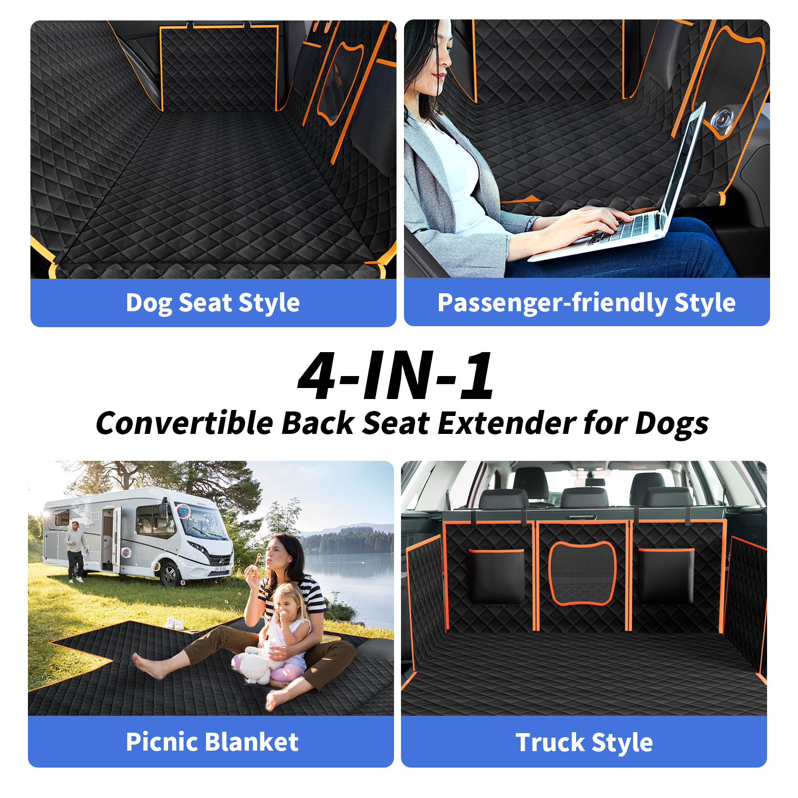 Dog Car Seat Cover For Back Seat With Detachable Hard Bottom, Holds 400Lbs, Back Seat Extender For Dog With Mesh Windor And Storage Pocket, Fit For Car, Suv, Truck, Orange Orange Cotton