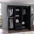 Bariloche Wardrobe, Multi Section Storage With Hanging Rods, Shelves, And 2 Drawers Black Bedroom Modern Particle Board