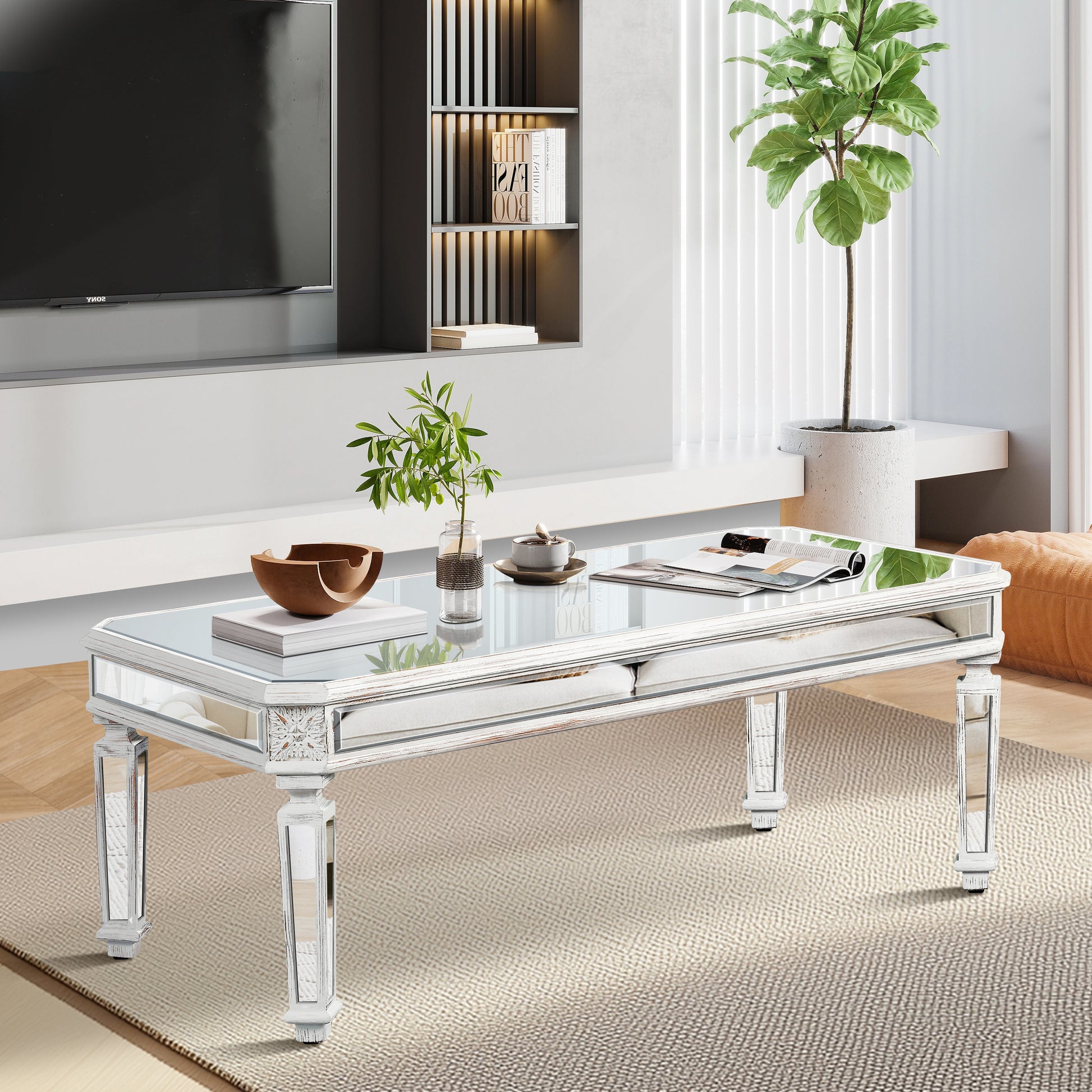 Silver Mirrored Coffee Table, Vintage Carved Elements, Rectangle Glass Tea Table With Mirrored Finish, Modern Center Table For Living Room And Office 24" D X 48" W X 18" H Oak Silver White Mirrored