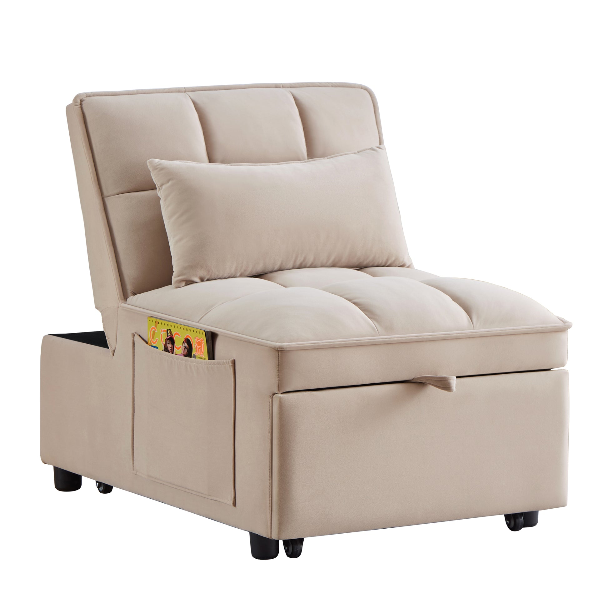 4 In1 Multi Function Single Sofa Bed With Storage Pockets,Tufted Single Pull Out Sofa Bed With Adjustable Backrest And Pillows ,Convertible Chaise Lounge,Taupe Taupe Velvet Metal Primary Living Space American Design Armless Foam Velvet 1 Seat