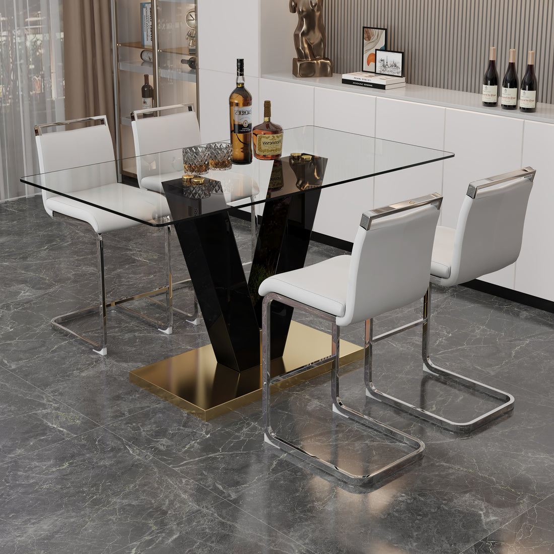 Table And Chair Set. A Rectangular Glass Dining Table With A 0.4 Inch Tempered Glass Tabletop And Mdf Board V Shaped Bracket, Paired With Chairs Consisting Of Pu Seat Cushions And Silver Metal Legs. White Black Seats 4 Tempered Glass