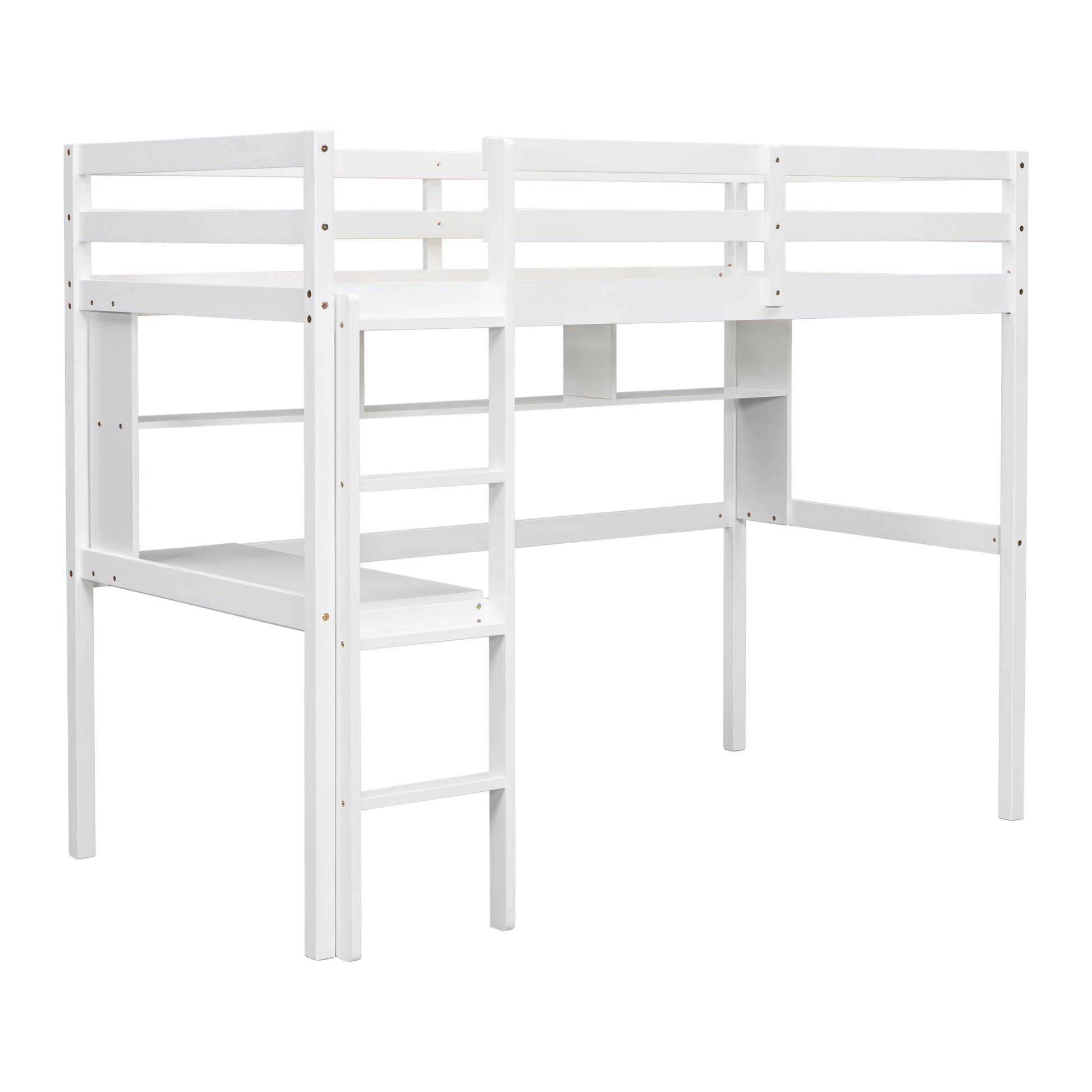 Twin Loft Bed With Built In Desk And Bookcase Of Three Compartments, Guardrails And Ladder,White Twin White Pine