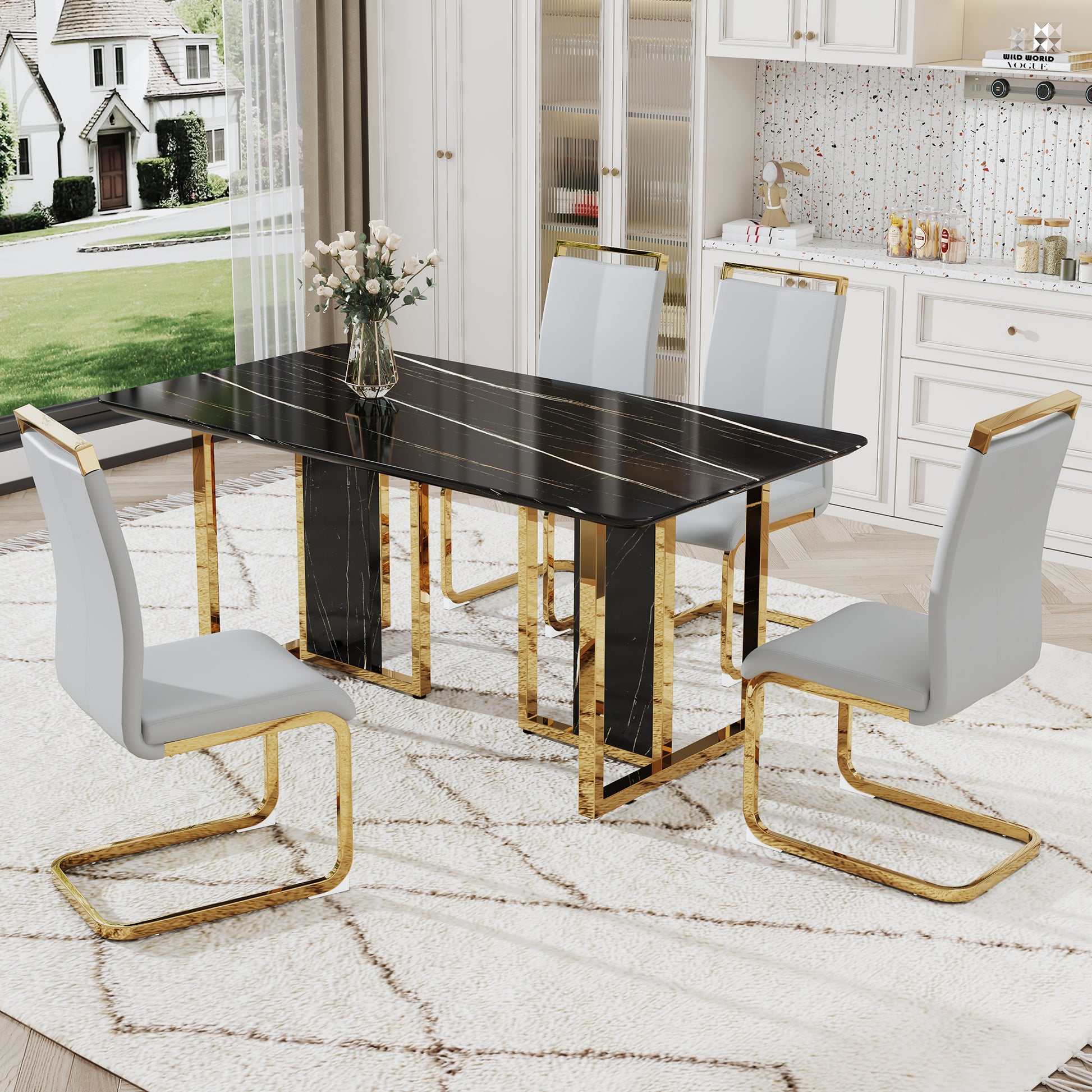 Table And Chair Set. Modern Dining Table With Mdf Top And Beautiful Mdf Legs. Equipped With Comfortable Pu Chairs And Metal Legs. Suitable For A Wide Range Of Decorative Styles. Black,Light Gray Seats 4 Mdf