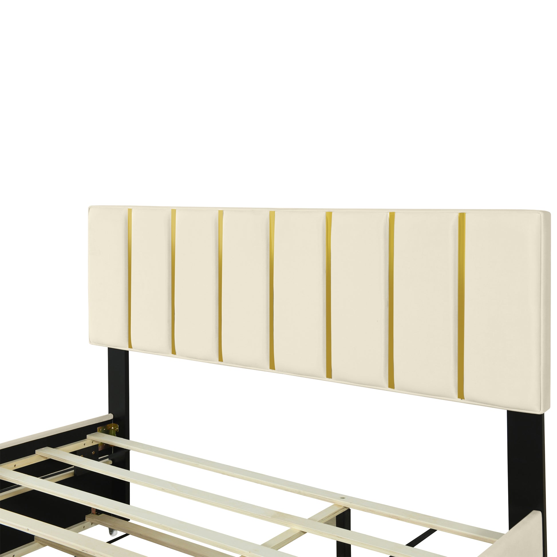 Queen Size Upholstered Platform Bed With 2 Drawers And 1 Trundle, Classic Metal Strip Headboard Design, Beige Queen Beige Mdf Lvl