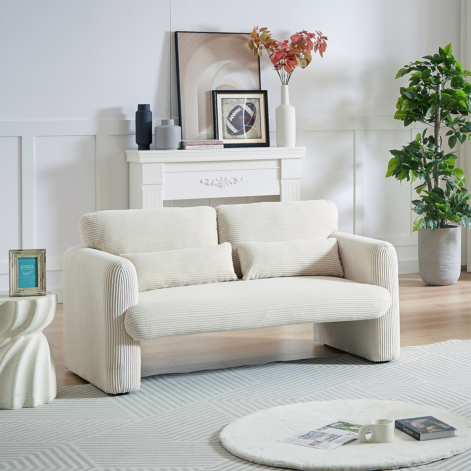 60"Corduroy Fabric Sofa With 33" Single Sofa, Modern Sofa With Support Pillow, For Apartment, Office, Living Room & Bedroom Beige Corduroy 2 Seat