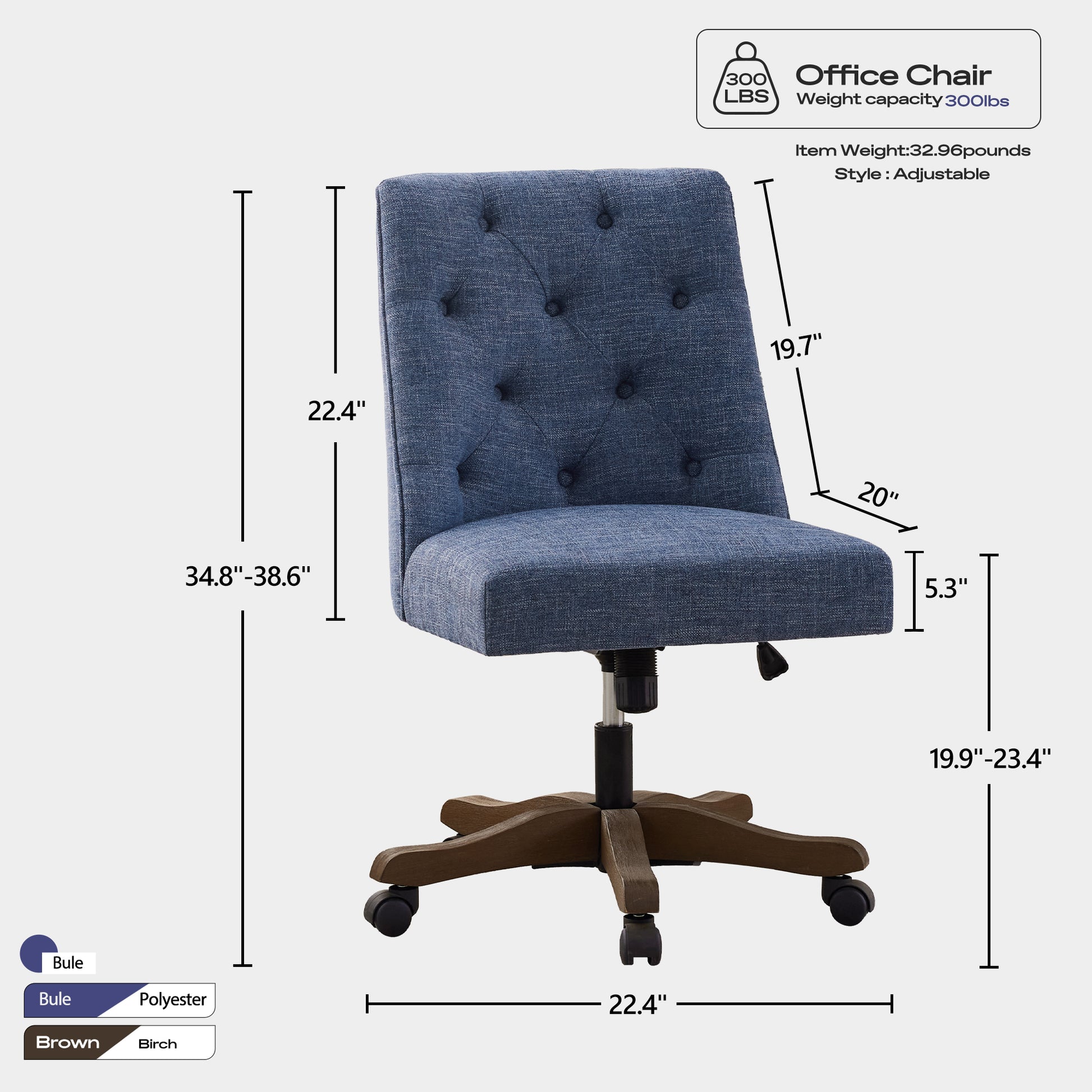 Upholstered Swivel Desk Chair, Armless Home Office Chair, Chenille Fabric Adjustable Height Computer Chair With Wheels For Study ,Blue Caster Solid Gray Office Handle Birch Wing Back Adjustable