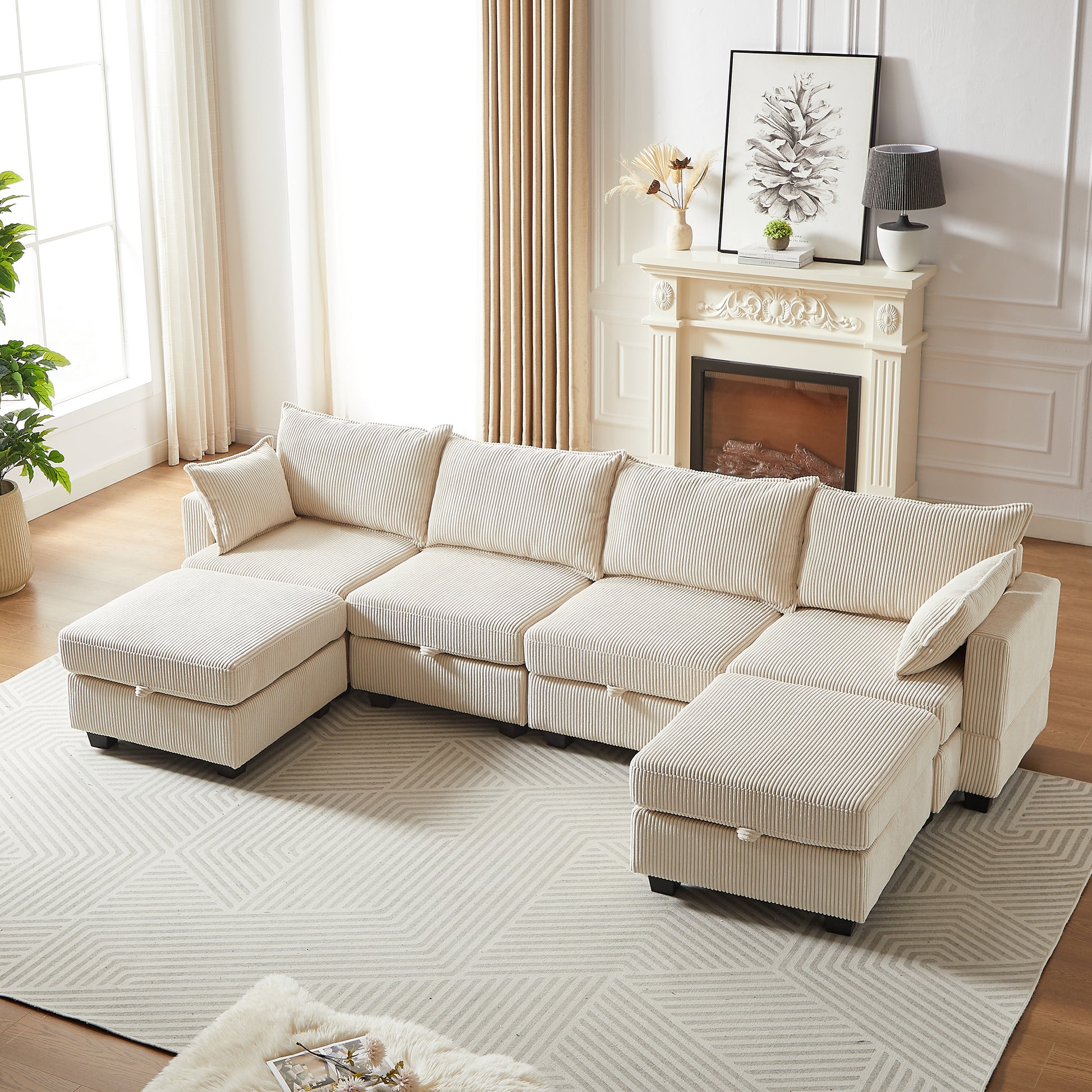113.5'' Modular Sectiona Corduroy Sofa, Sectional Couches For Living Room U Shaped Sectional Couch With Storage Ottoman, 6 Seats Convertible Sectionals With Chaise Beige Corduroy 3 Seat