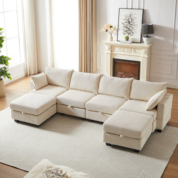 113.5'' Modular Sectiona Corduroy Sofa, Sectional Couches For Living Room U Shaped Sectional Couch With Storage Ottoman, 6 Seats Convertible Sectionals With Chaise Beige Corduroy 3 Seat