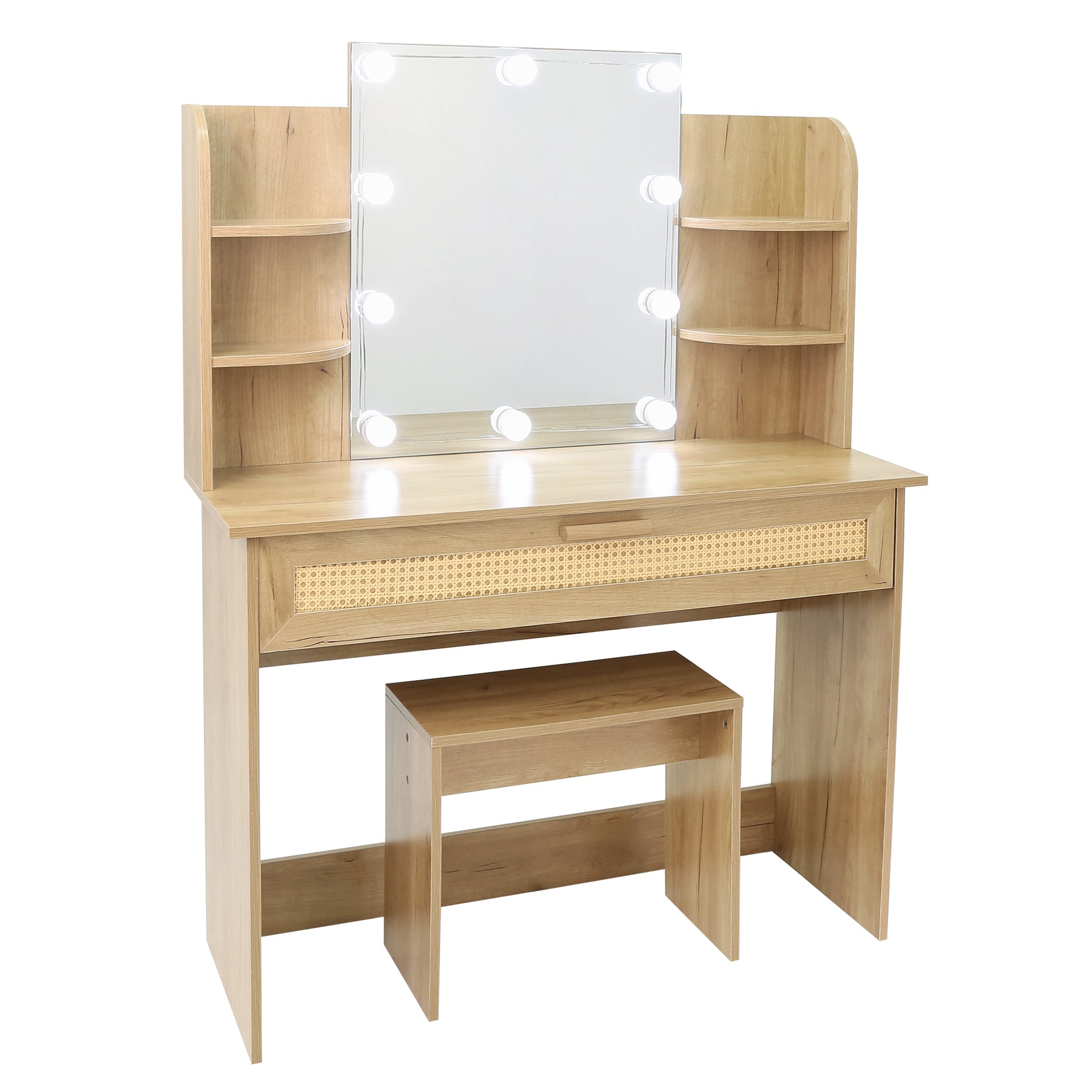 Vanity Desk Set Stool & Dressing Table With Led Lighting Mirror Drawer And Compartments Modern Wood Cosmetic Table Chest Of Drawers Nature Color Natural Wood Particle Board