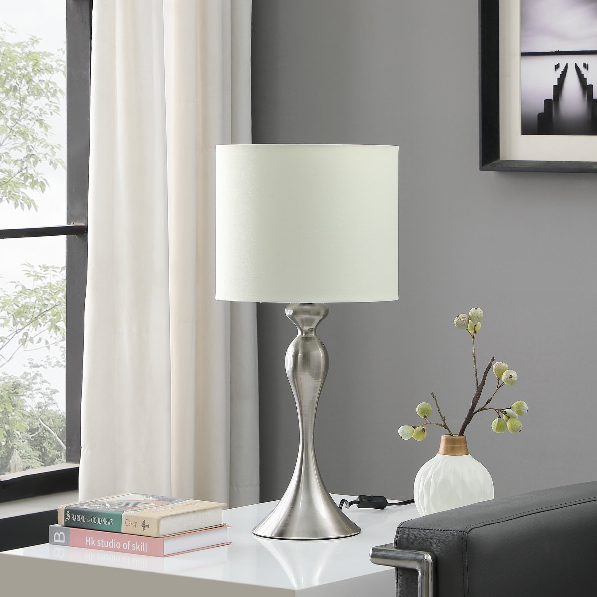 24.5" In Bailey Brushed Silver Modern Candlestick Metal Table Lamp Silver Fabric Metal