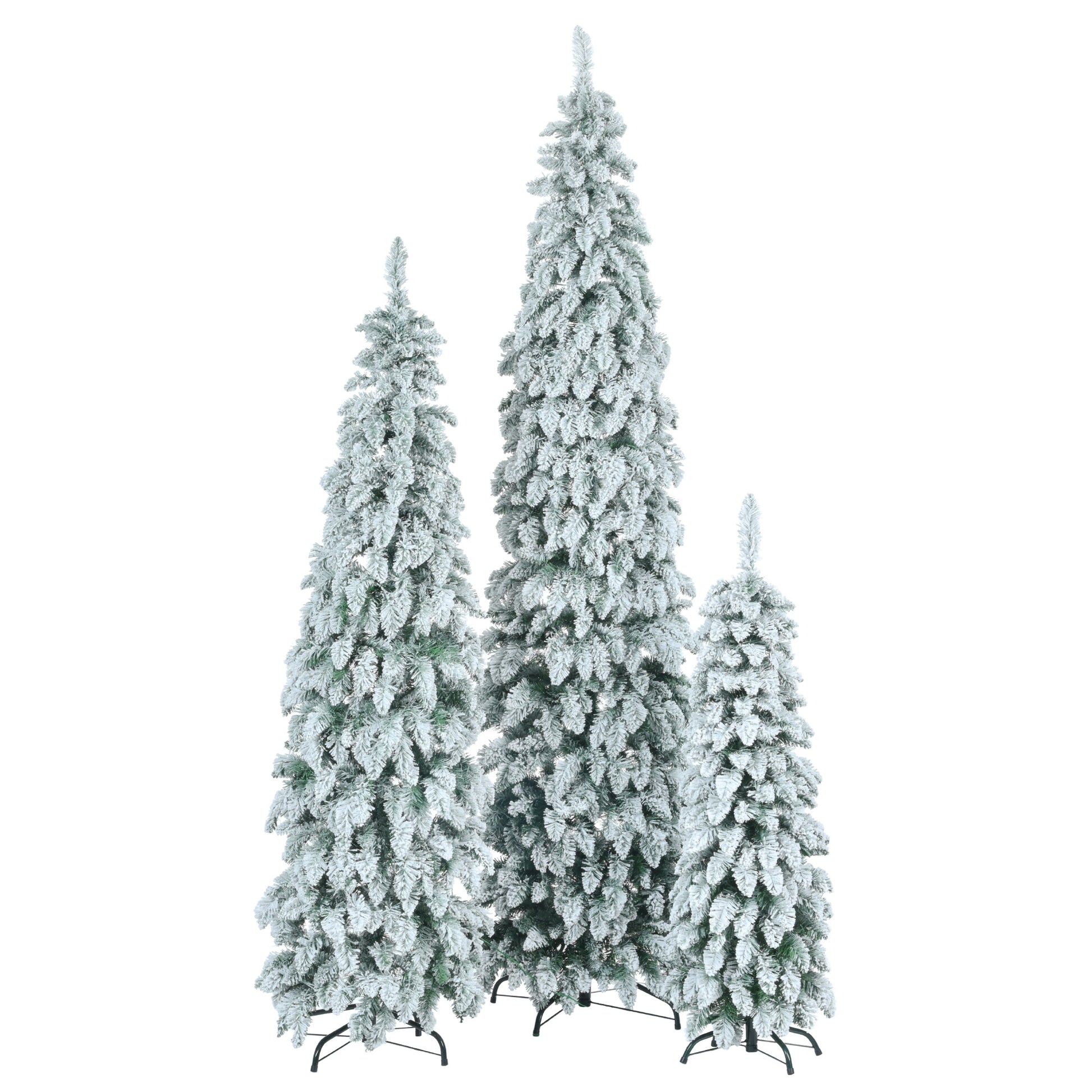 8Ft, 6Ft, 4Ft Pre Lit Pencil Christmas Trees, 3 Set Slim Artificial Christmas Tree With Snow Flocking, Xmas Holiday Decoration Tree, 1455 Branch Tips, 520 Led Lights, 11 Lighting Modes White Green Pvc