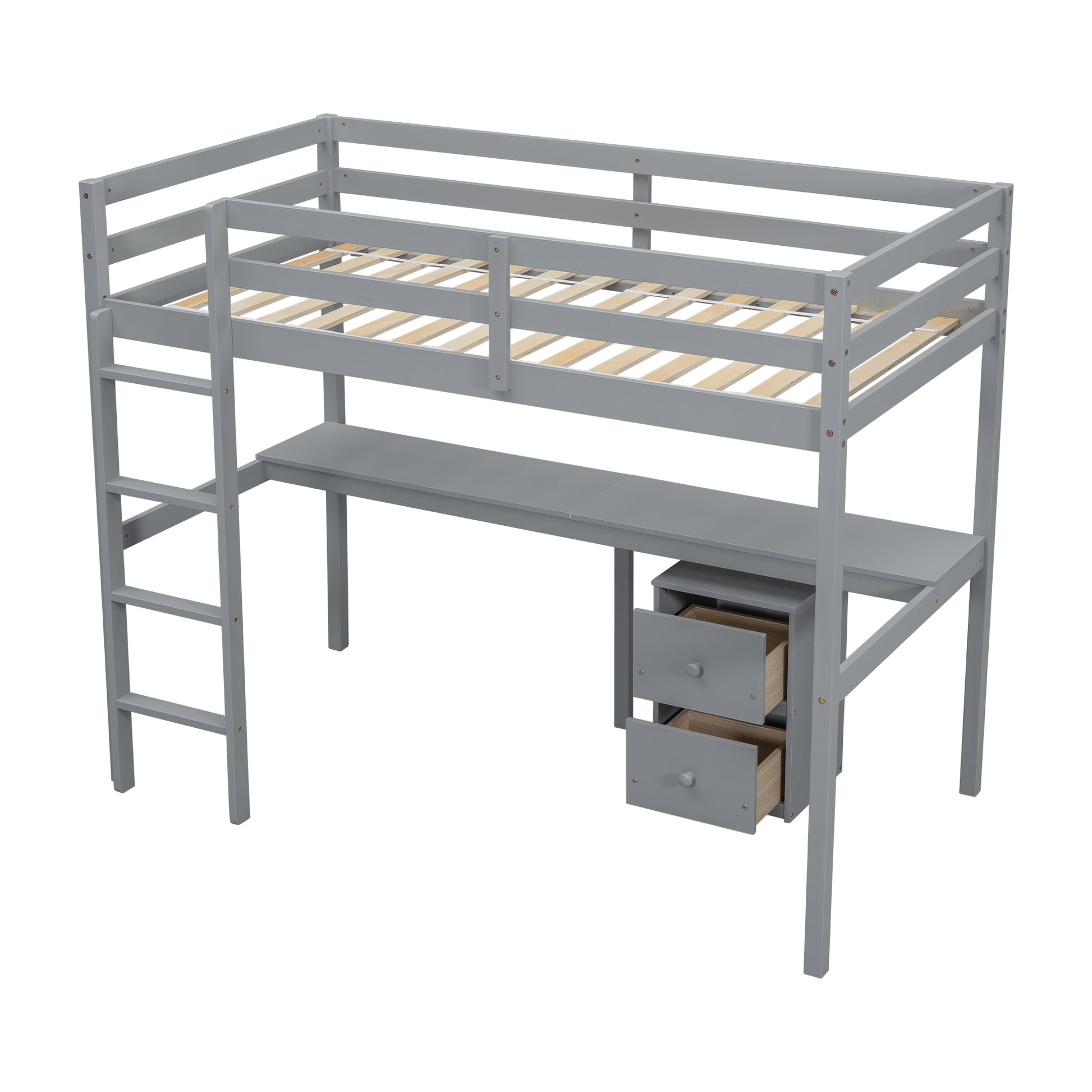 Twin Loft Wood Bed With Under Bed, Built In Desk, A Storage Cabinet Of 2 Drawers, Guardrails, Ladder,Grey Twin Grey Pine